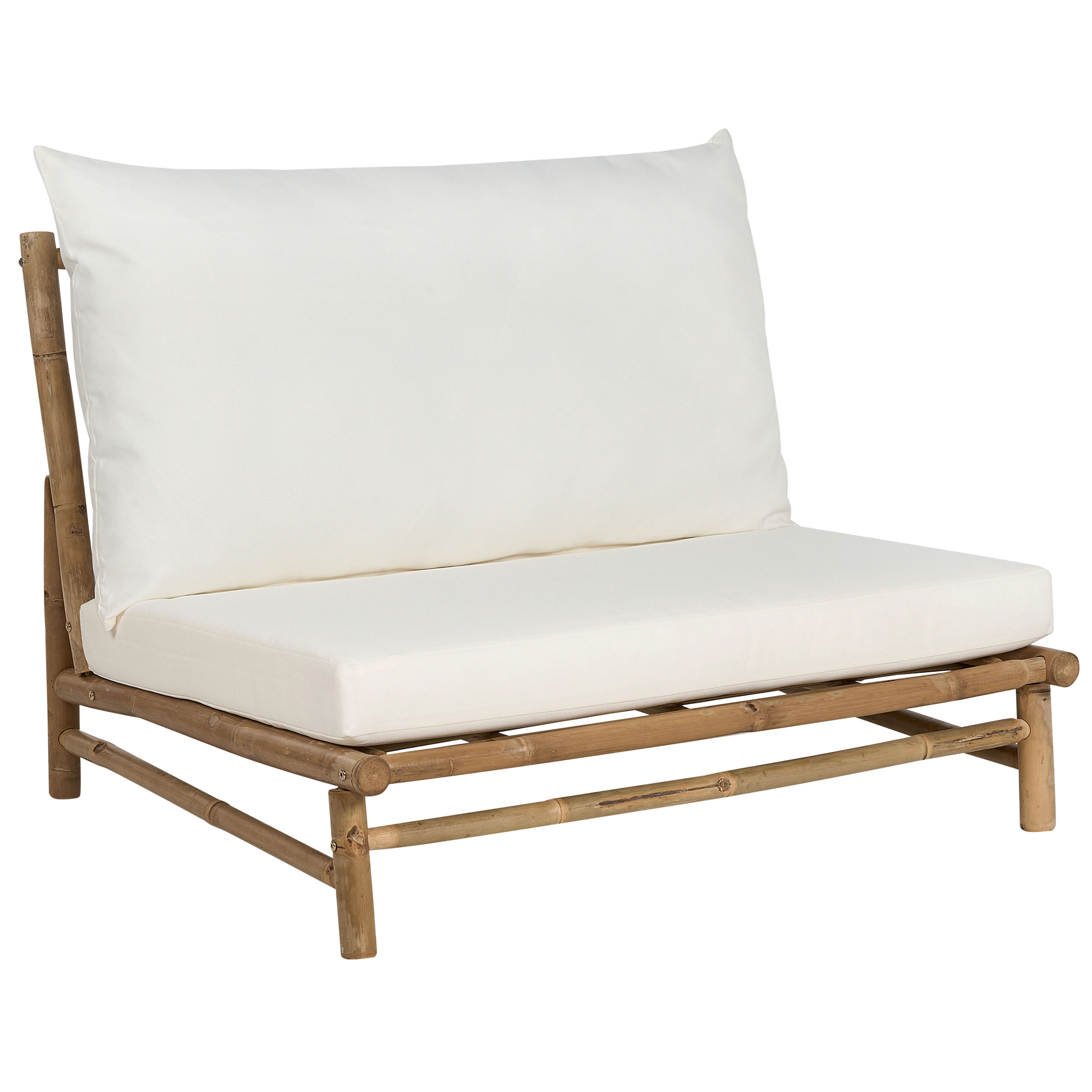 Bamboo bench light tone short feet and cushions broken white for garden salon-