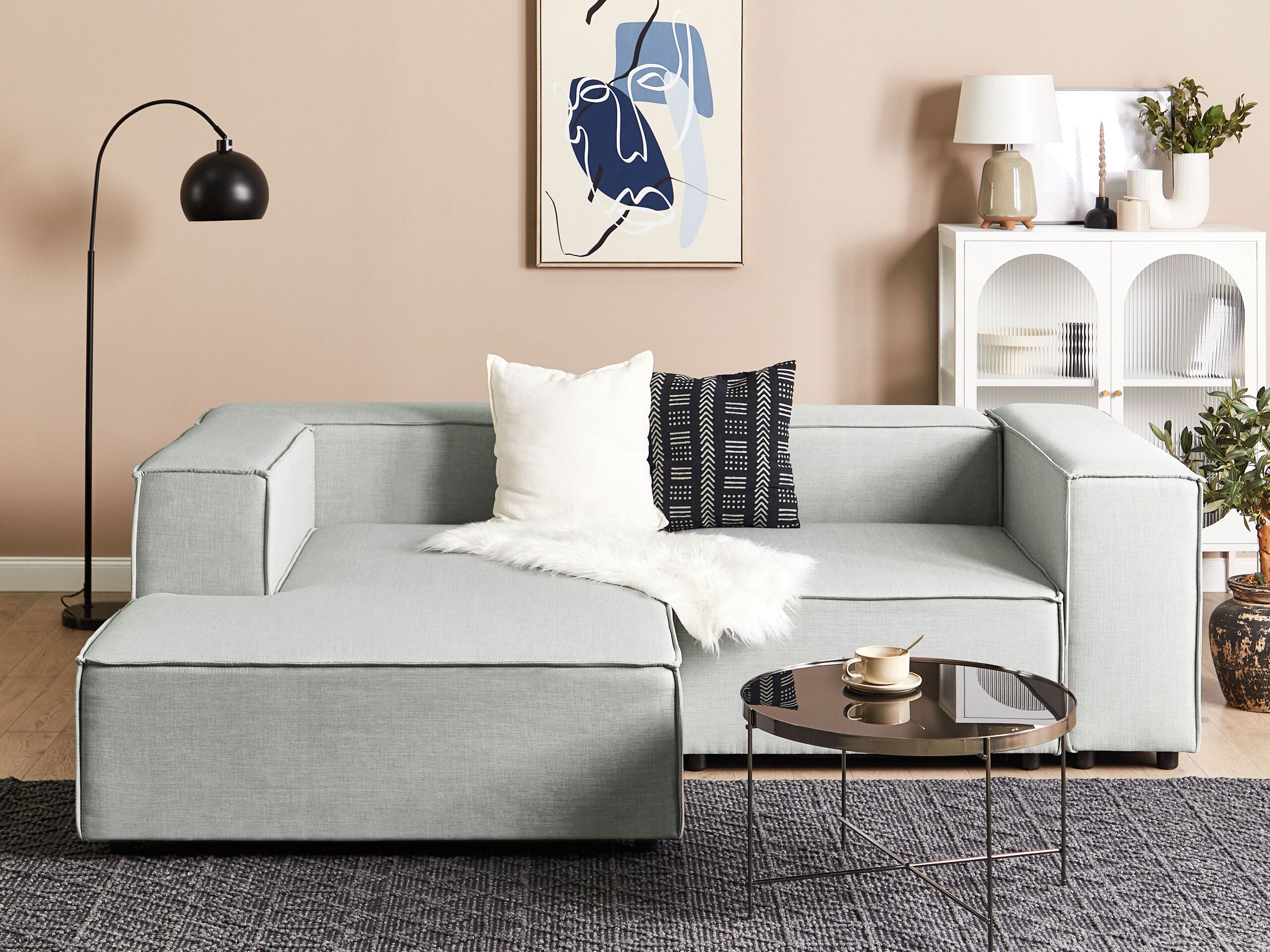 Sofá de canto direito modular em linho cinzento de 2 lugares com pernas pretas de estilo moderno