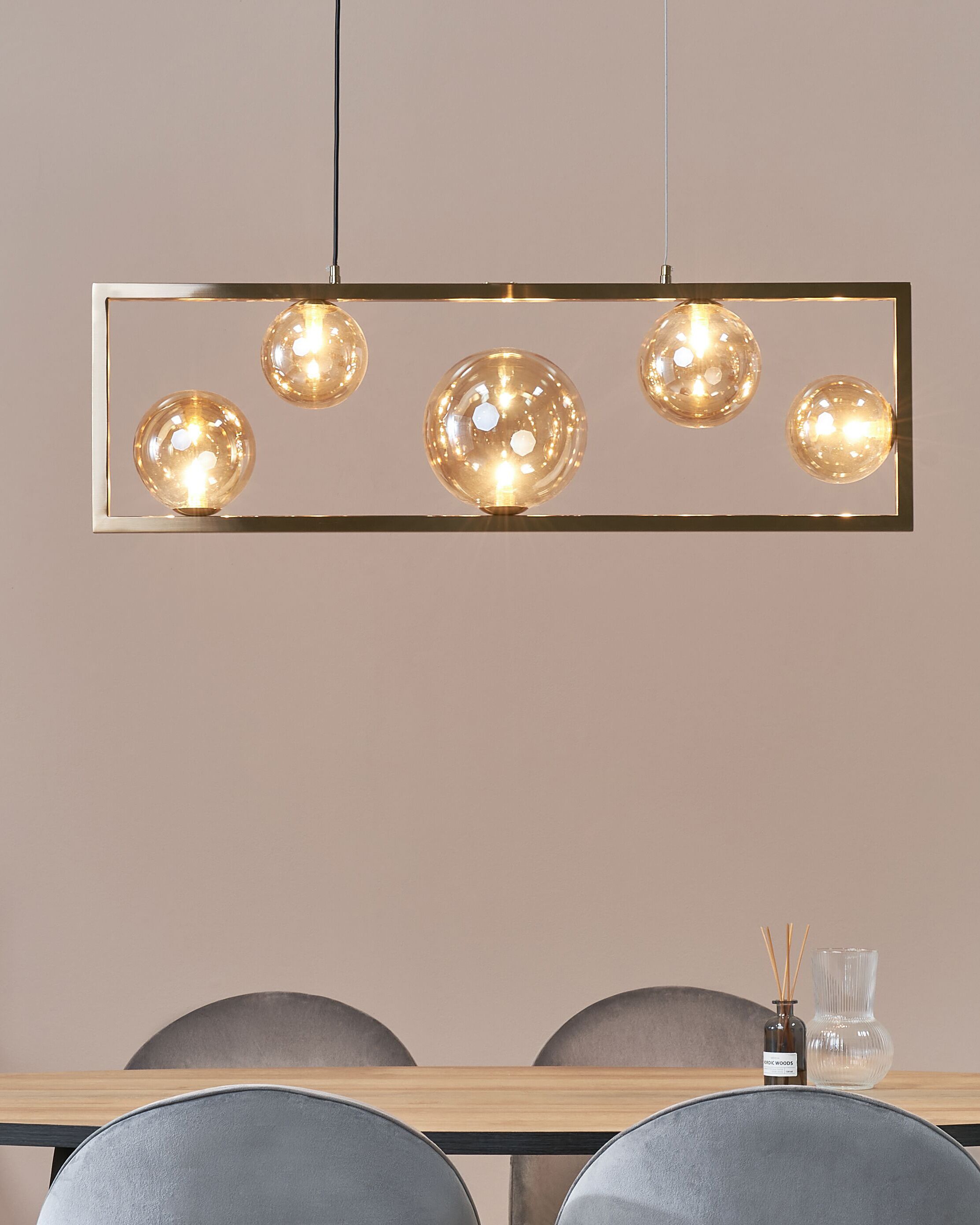 Candeeiro suspenso 5 luzes estrutura retangular de metal estilo industrial glam sala de estar jantar