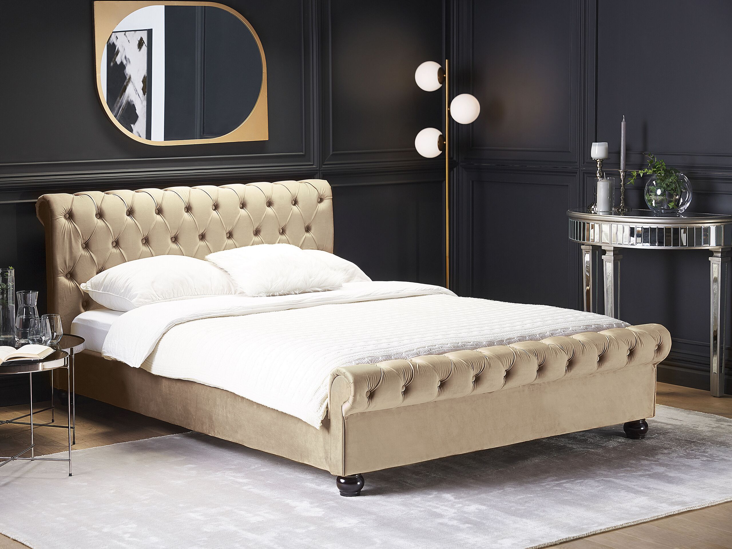 Cama de água creme em veludo com pernas pretas 160 x 200 cm cabeceira estilo chesterfield glamoroso