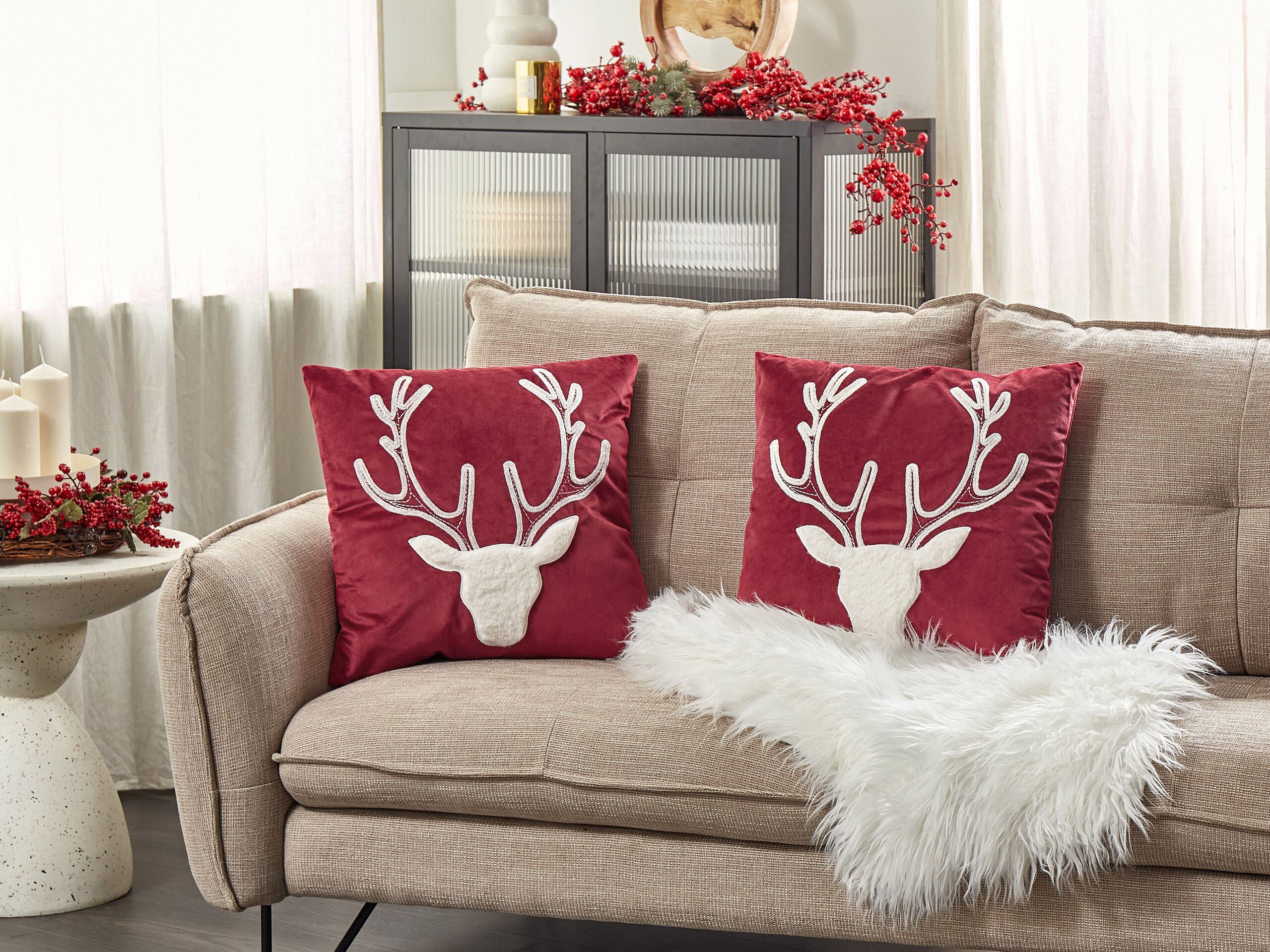 Conjunto de 2 almofadas de exterior com motivo de rena 45 x 45 cm em veludo vermelho para interior natalício