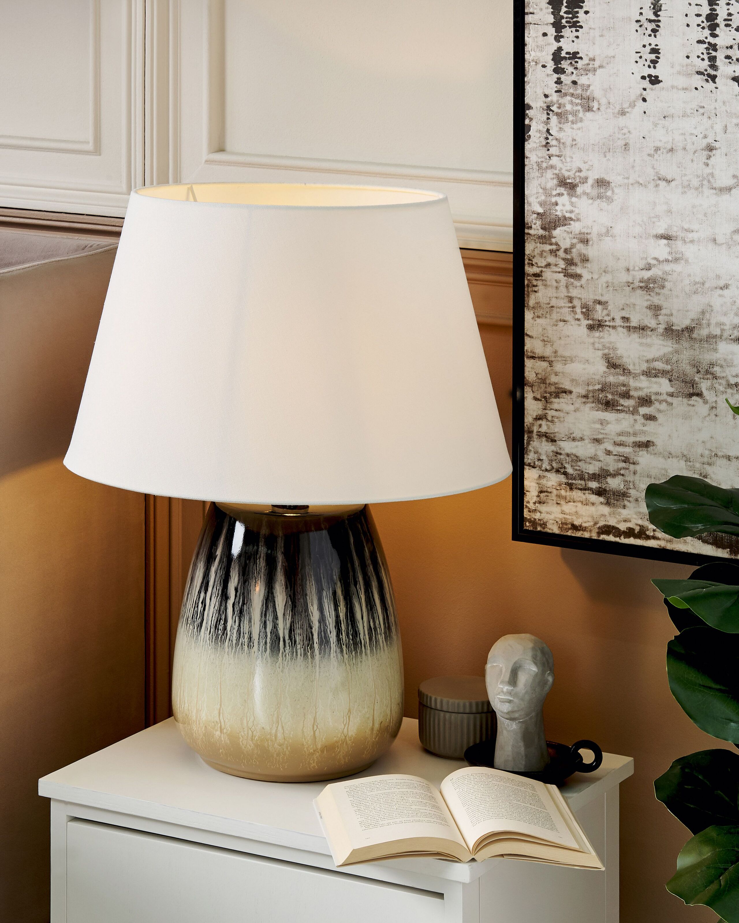 Candeeiro de mesa em cerâmica cinzenta e creme 63 cm abajur em forma de cone branco feito à mão mesa de cabeceira sala de estar iluminação de quarto