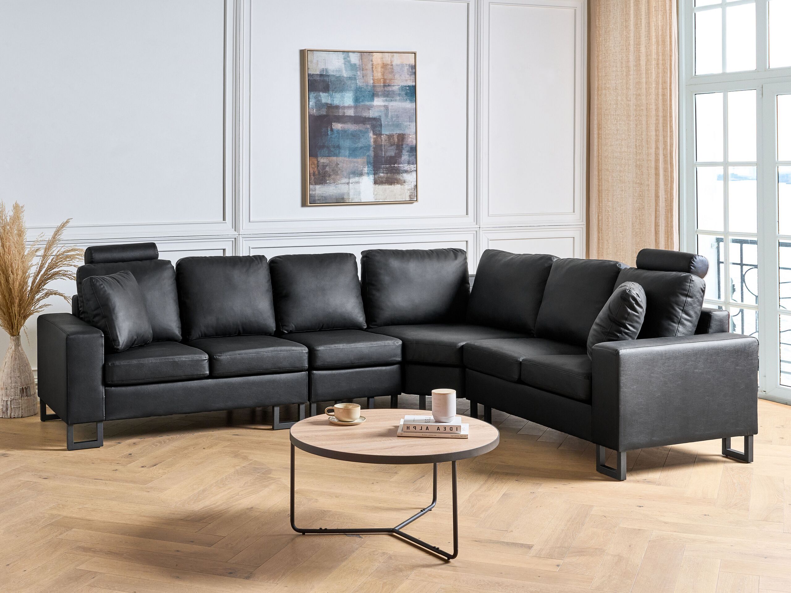 Sofá de canto seccional versão à esquerda em pele genuína preta de 6 lugares com suporte de cabeça ajustável design moderno para a sala de estar