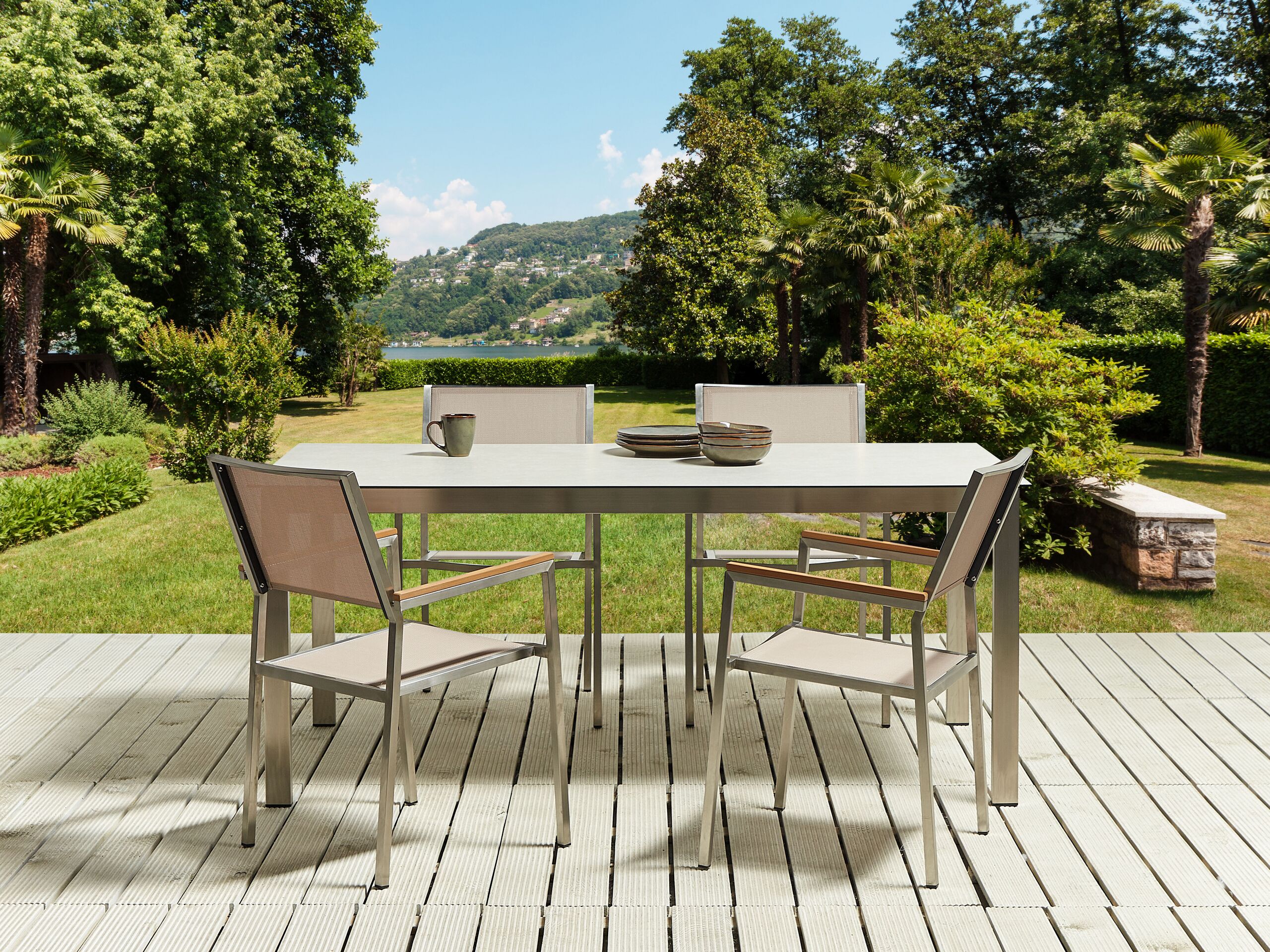 Conjunto de refeição com 4 lugares com efeito de vidro branco e creme para jardim mesa retangular com cadeiras