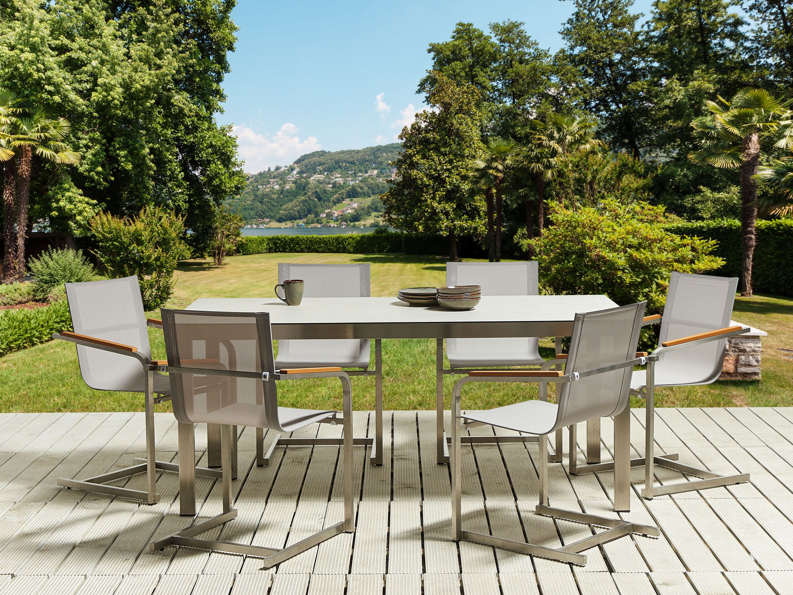 Conjunto de refeição com 6 lugares com efeito de vidro branco e creme para jardim mesa retangular com cadeiras