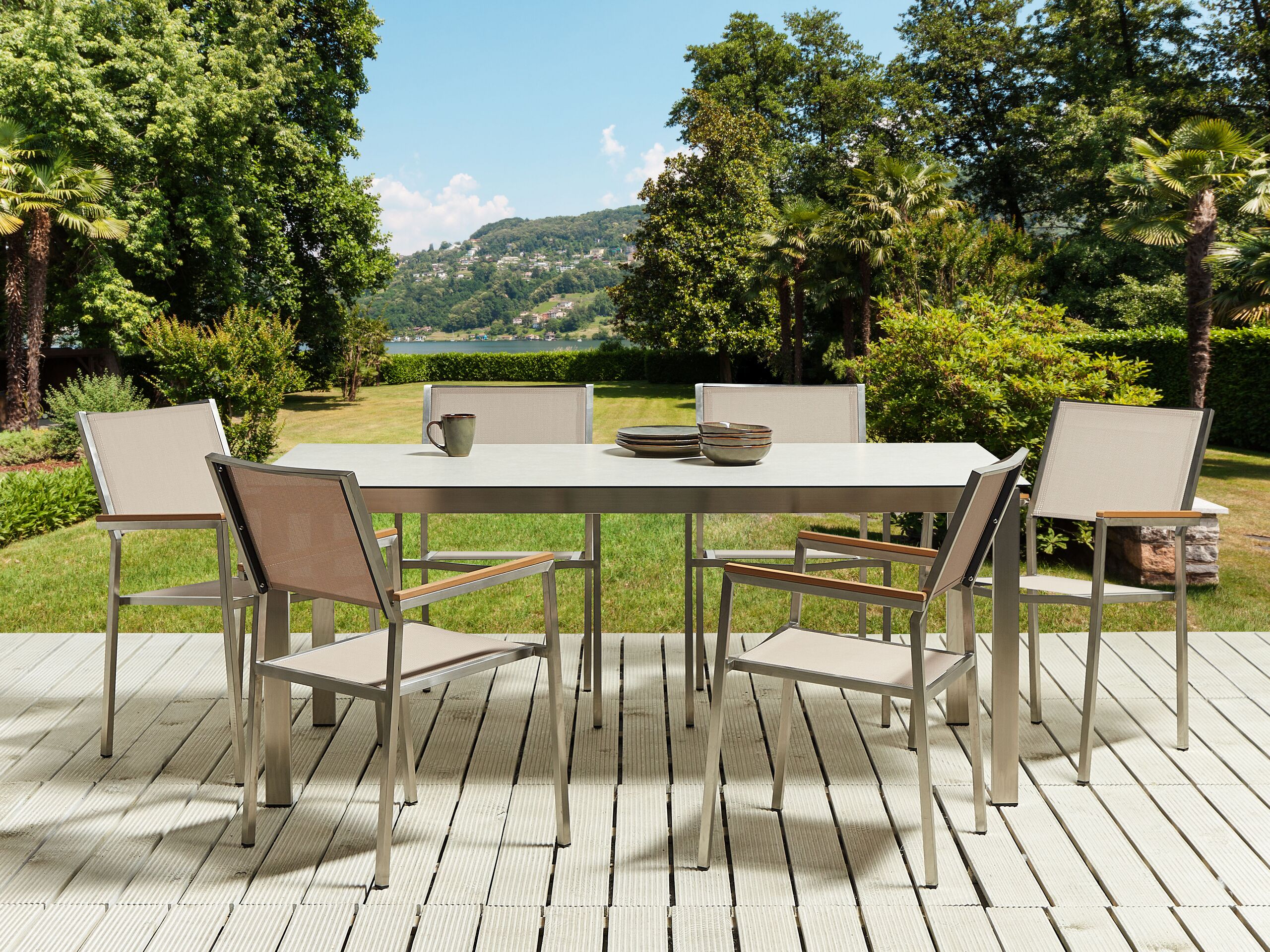 Conjunto de refeição com 6 lugares com efeito de vidro branco e creme para jardim mesa retangular com cadeiras