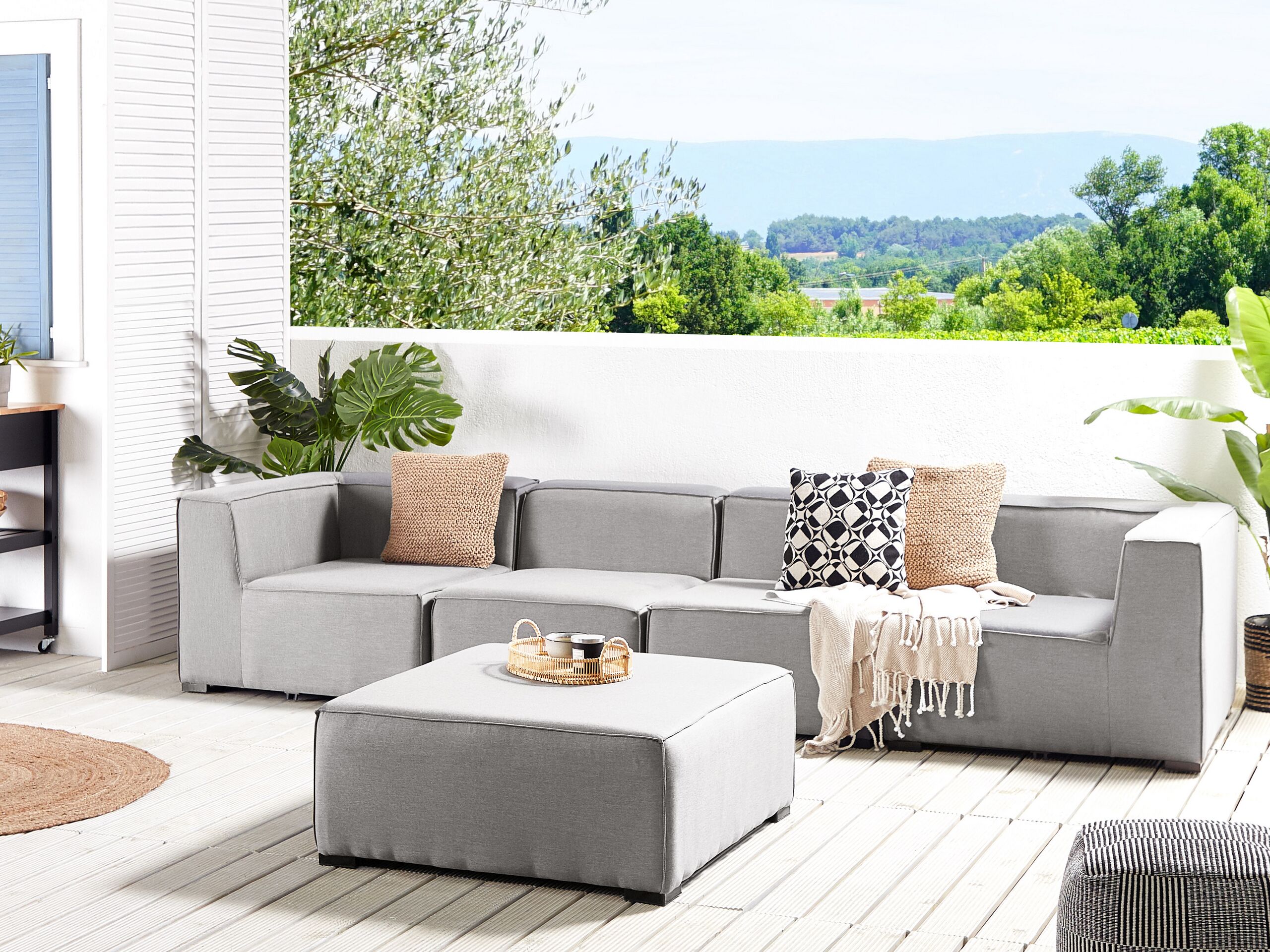 Conjunto de jardim estofado em tecido de poliéster cinzento claro 4 lugares com repousa-pés