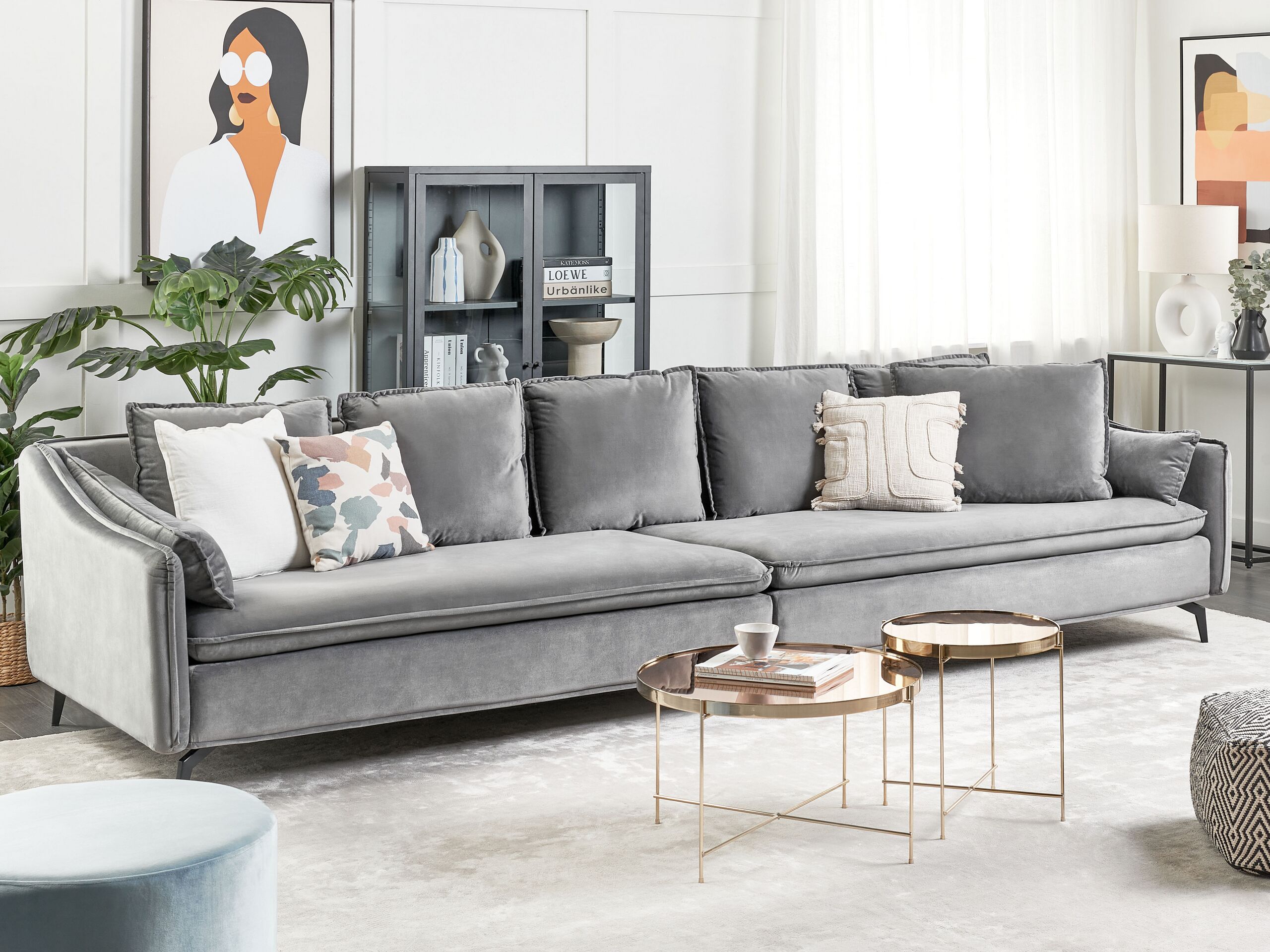 Sofá de 4 lugares em veludo cinzento claro almofadas glamour mobiliário de sala de estar