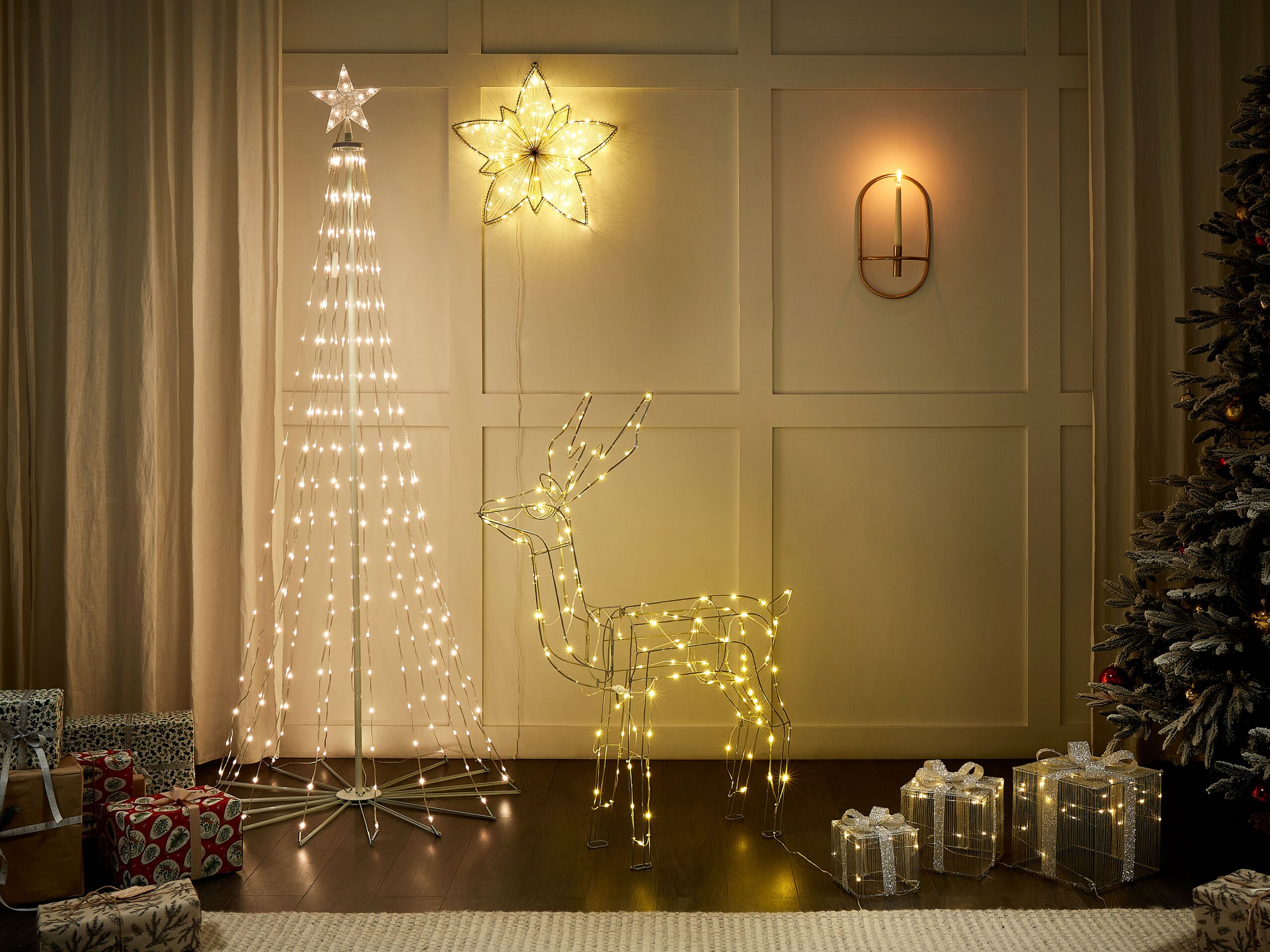 Conjunto de 3 decorações com LED com forma de presentes de Natal em metal prateado 25 x 25 x 25 cm para exterior para época de Natal