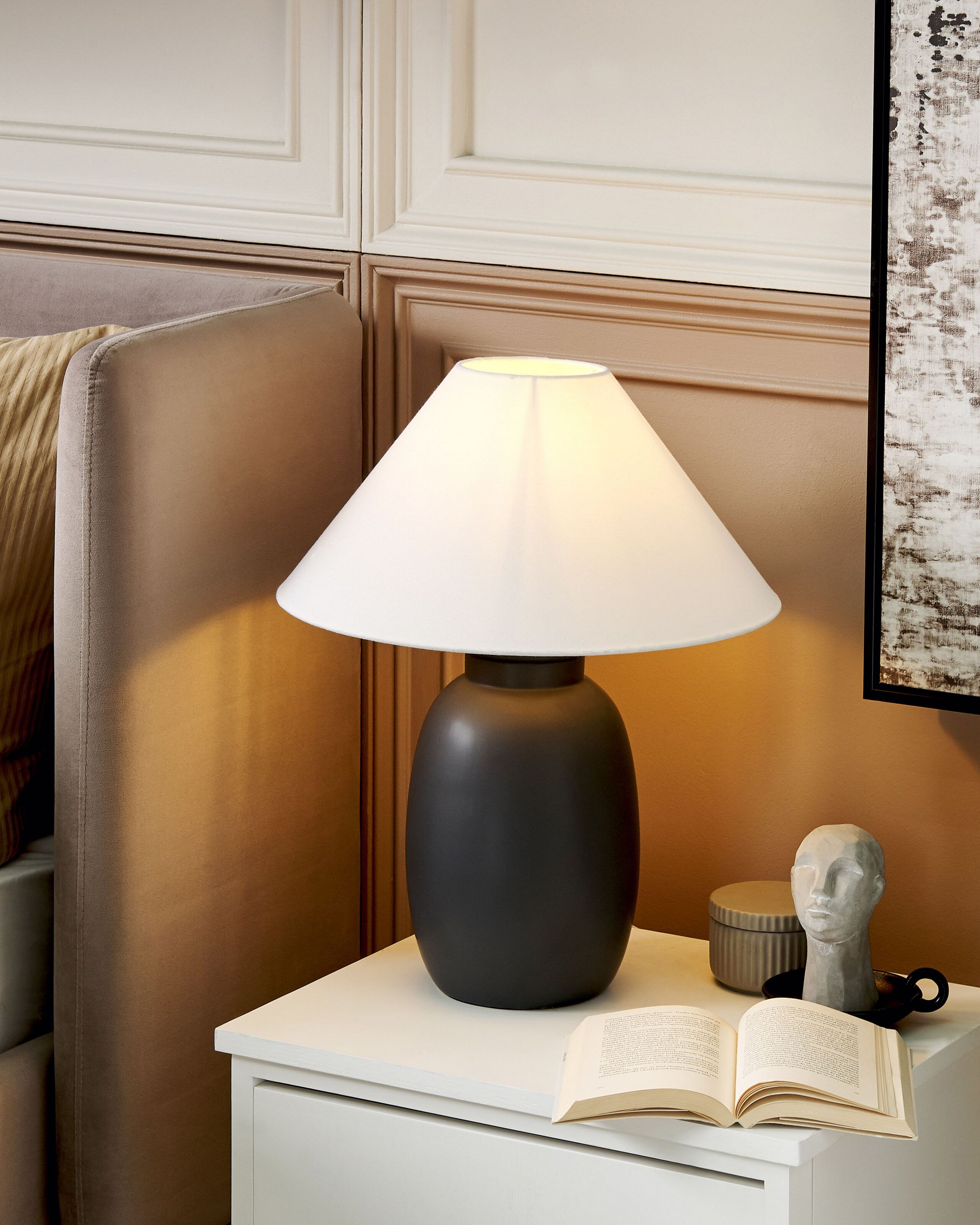 Candeeiro de mesa em cerâmica preta 53 cm abajur em forma de cone branco feito à mão mesa de cabeceira sala de estar iluminação de quarto