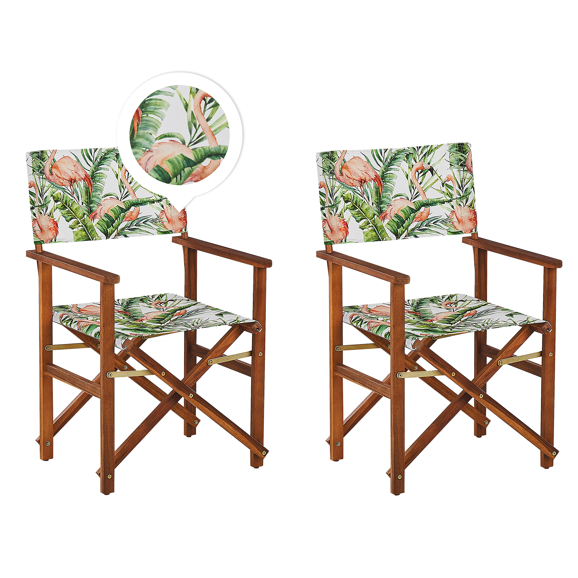 Lot of 2 Acacia Wood & Textile Folding Chairs Flemish Pattern Pink/Gray Cinema-