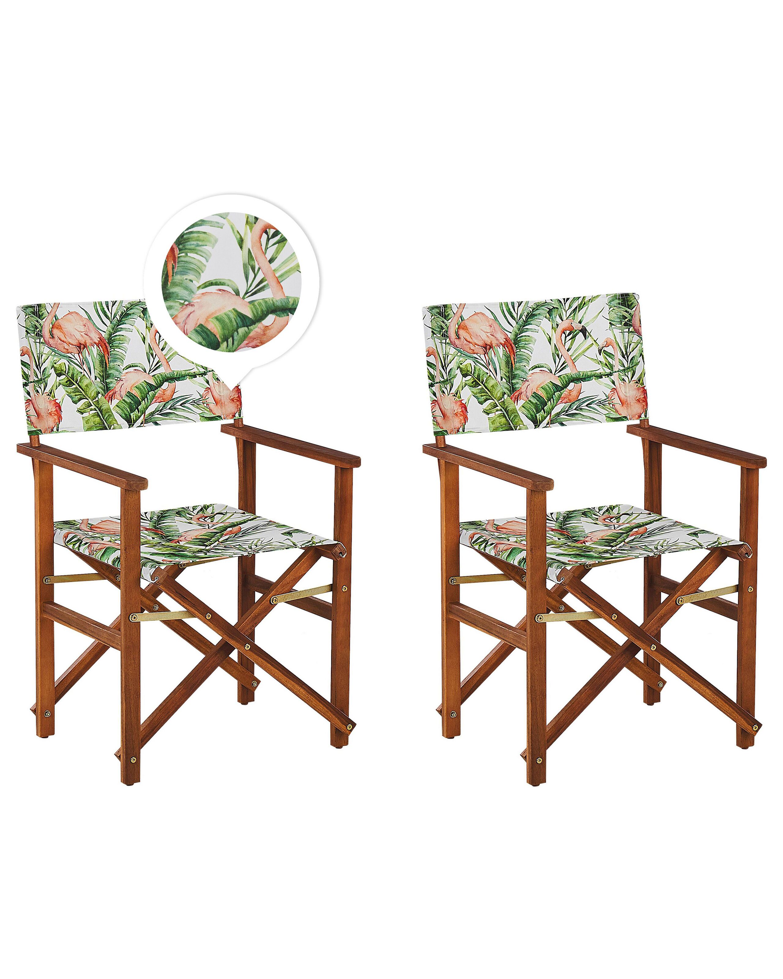 CINE Set of 2 Dark Acacia Wood Grey Flamingo Multi-Colored Chairs-