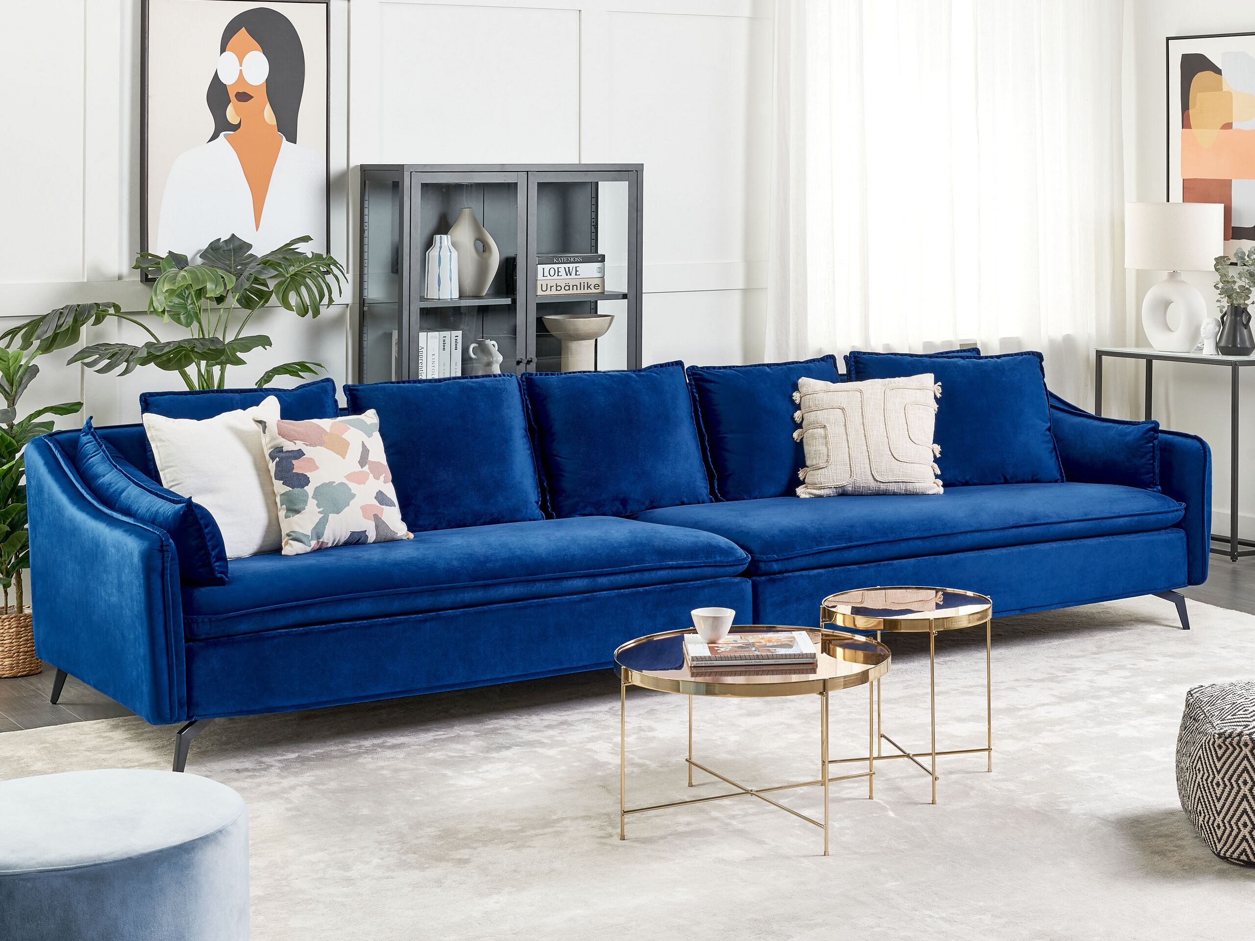 Sofá de 4 lugares em veludo azul marinho almofadas glamour mobiliário de sala de estar