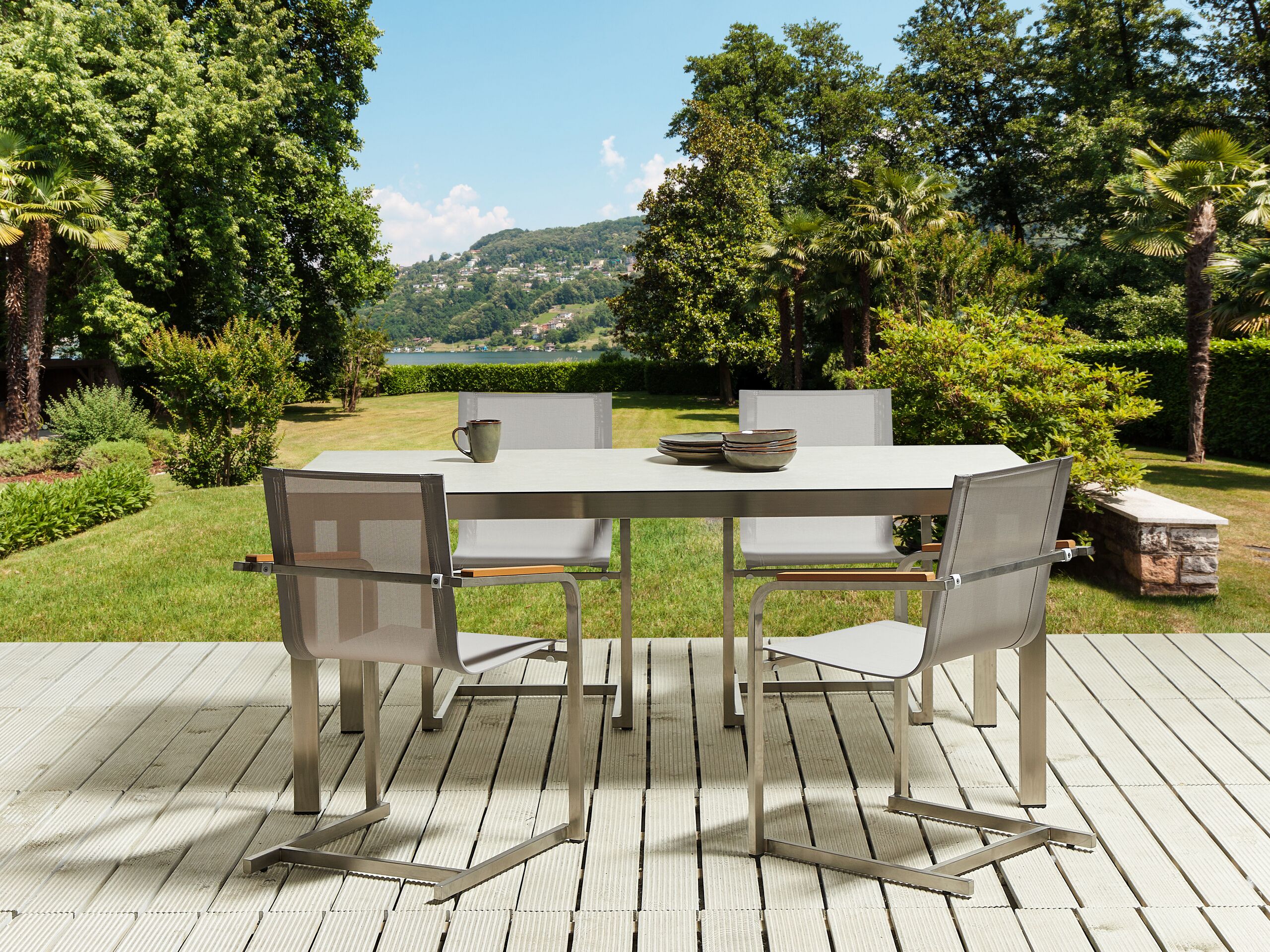 Conjunto de refeição com 4 lugares com efeito de vidro branco e creme para jardim mesa retangular com cadeiras
