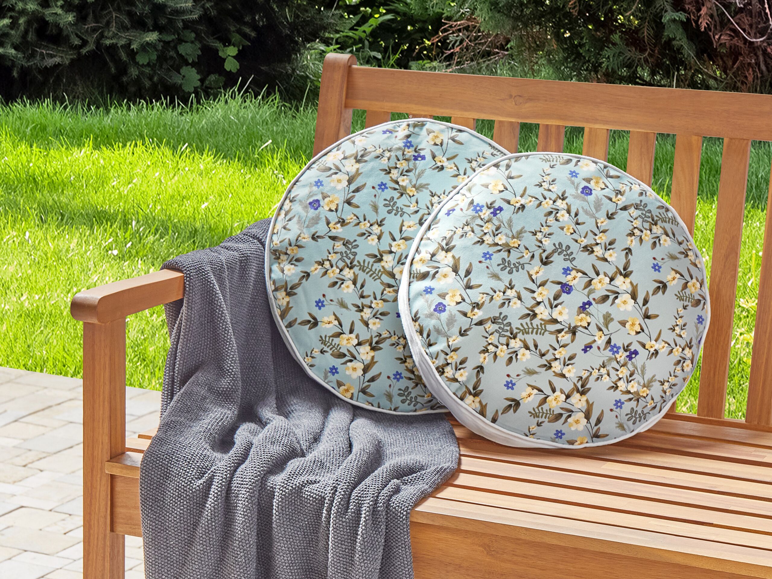 Conjunto de 2 almofadas de exterior azuis ? 40 cm com motivo floral para jardim ou pátio