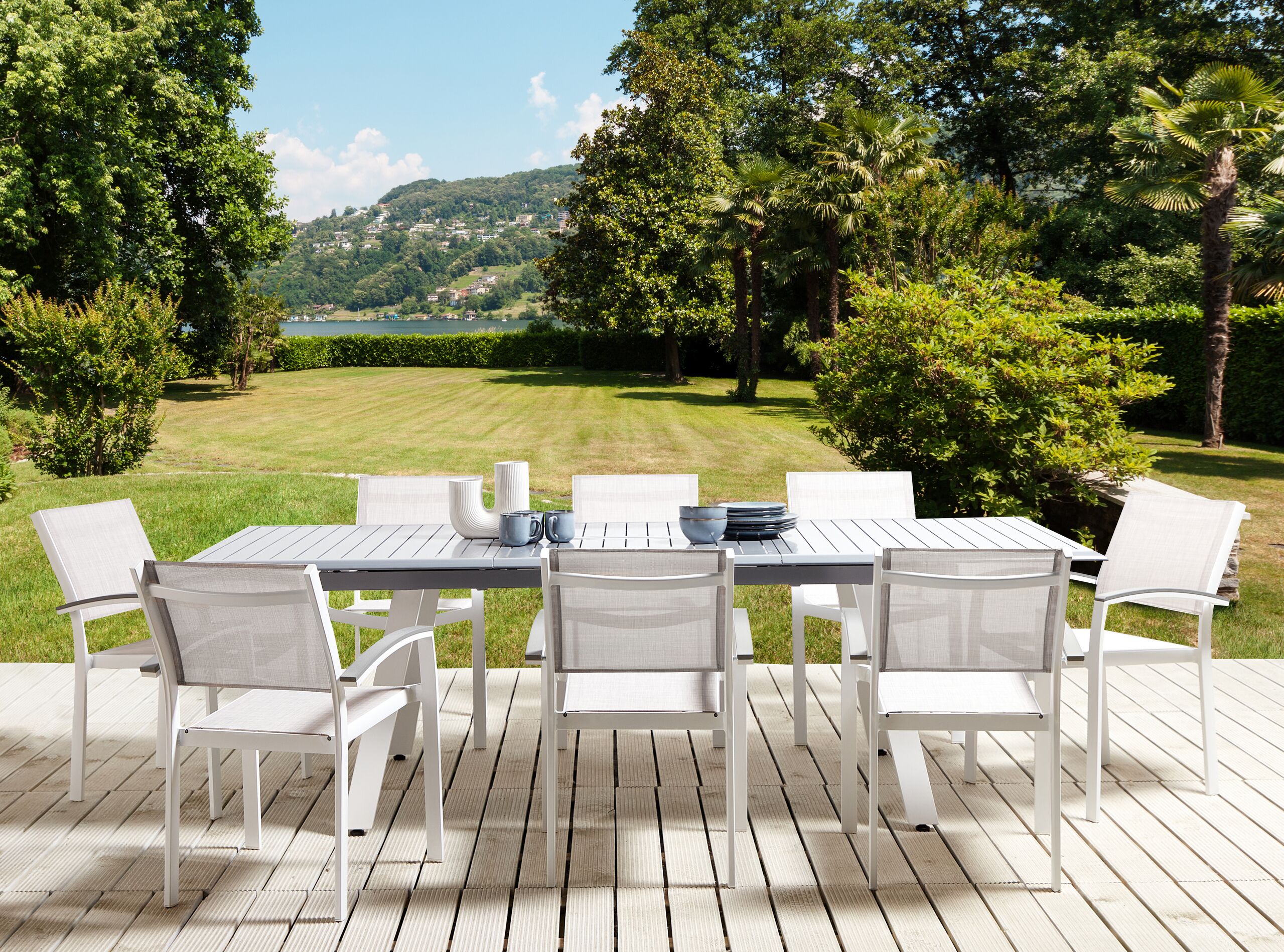 Conjunto de refeições cinzento e branco em alumínio e textilene mesa extensível 175 / 255 x 100 cm e 8 cadeiras