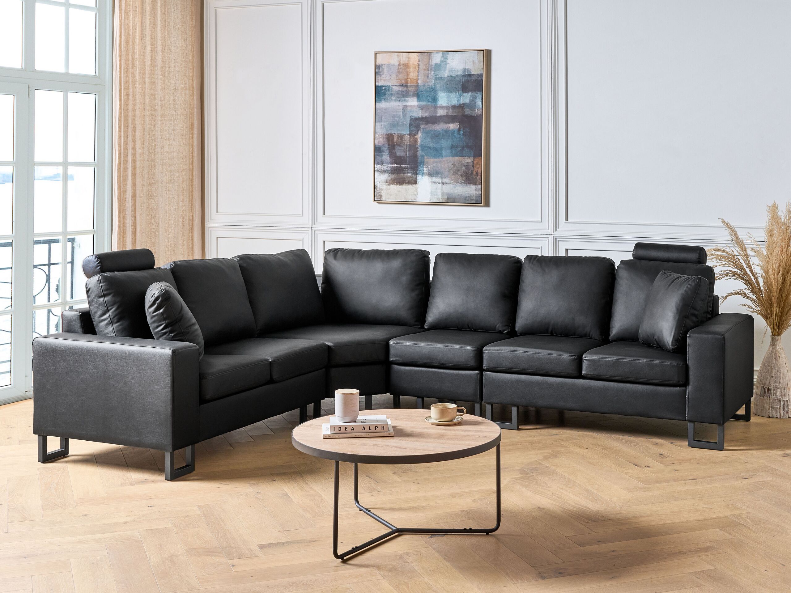 Sofá de canto seccional versão à direita em pele genuína preta de 6 lugares com suporte de cabeça ajustável design moderno para a sala de estar