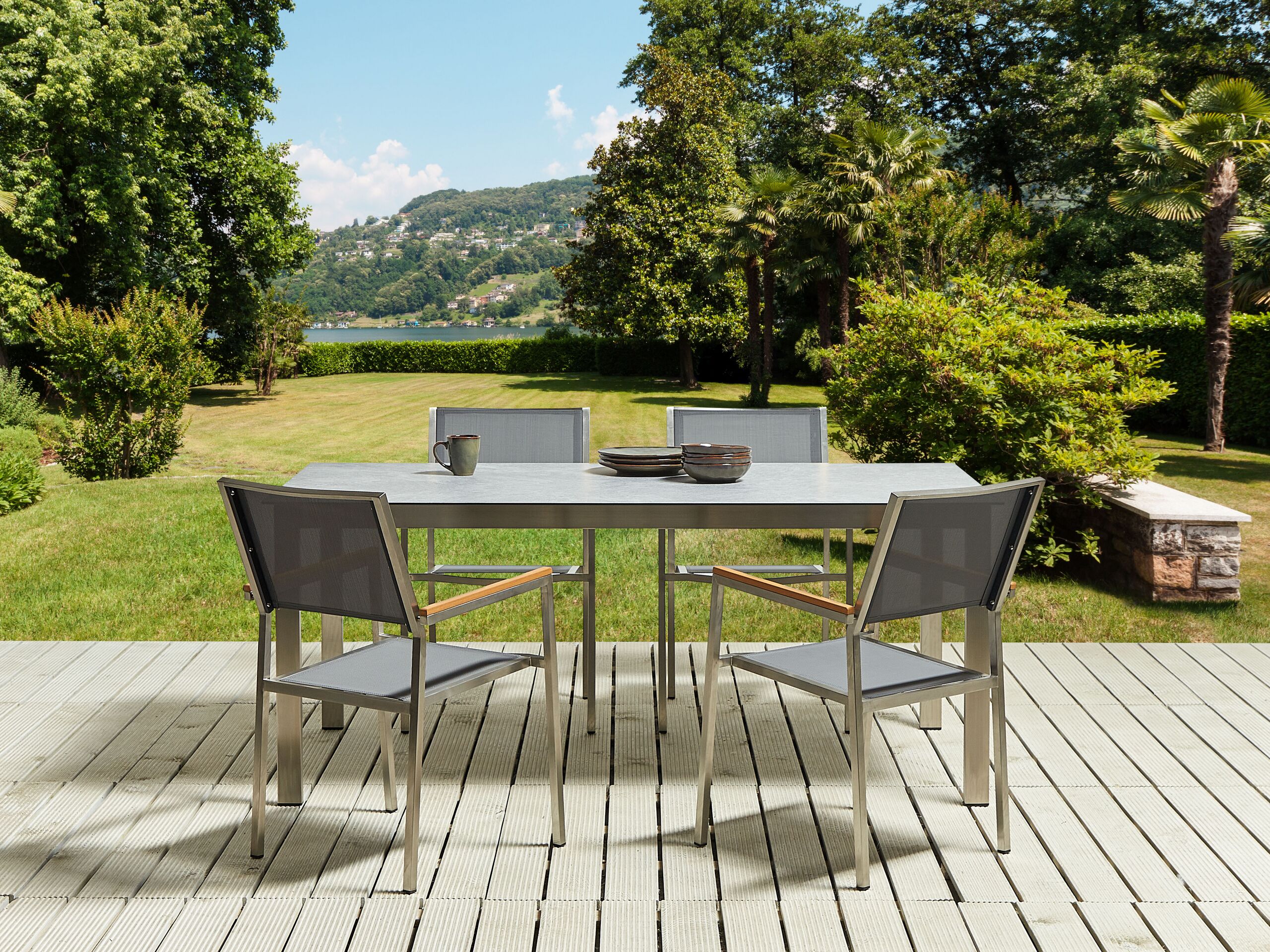 Conjunto de refeição com 4 lugares com efeito de vidro cinzento para jardim mesa retangular com cadeiras