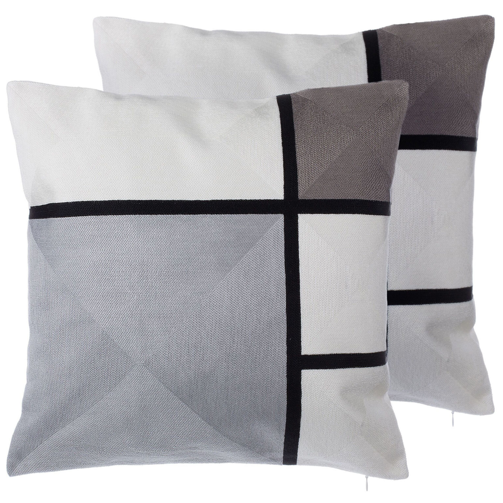 Image of Set di 2 cuscini decorativi in tessuto grigio motivo rettangolare 45 x 45 cm stampa geometrica
