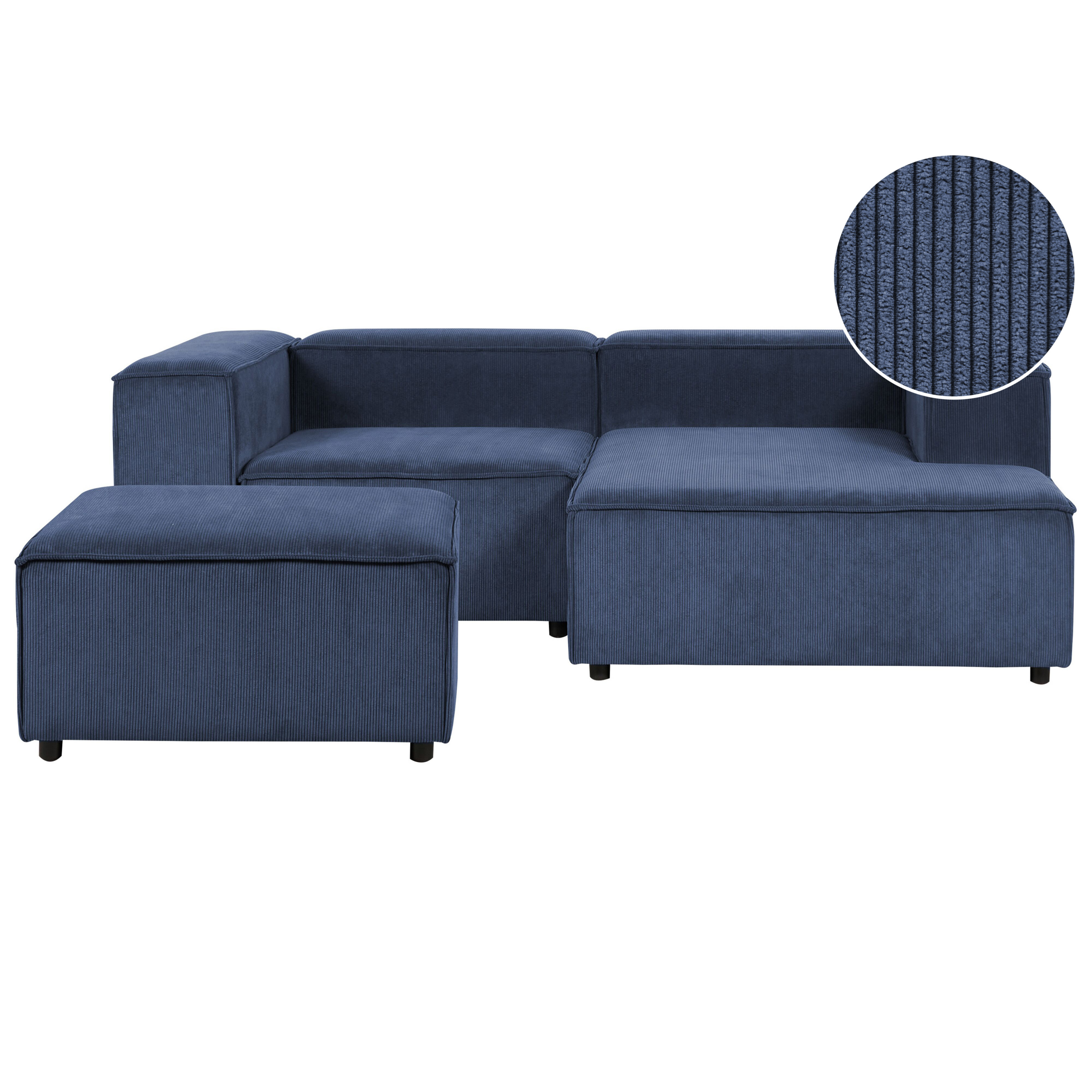 Modulaire tweezitsbank met ottomaan corduroy blauw linkszijdig APRICA