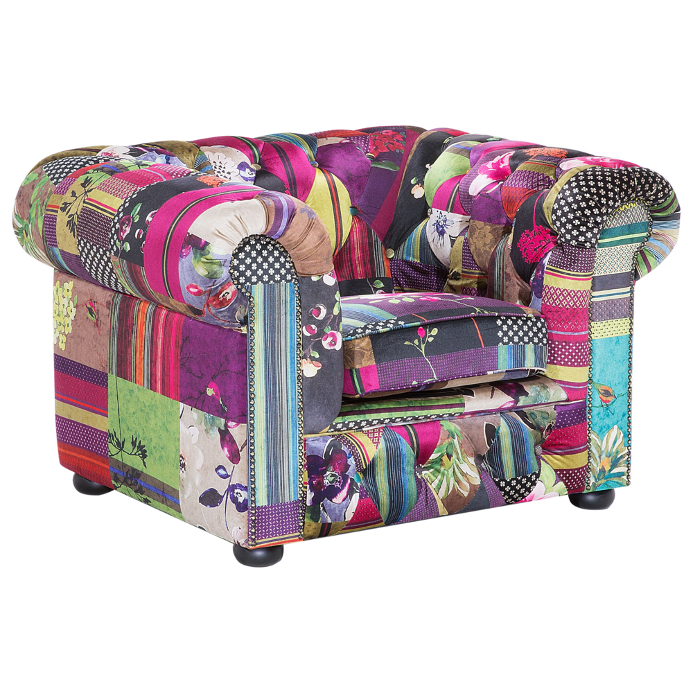 Image of Poltrona Tessuto Multicolore Braccioli a voluta con inserti Viola Patchwork Eclettico
