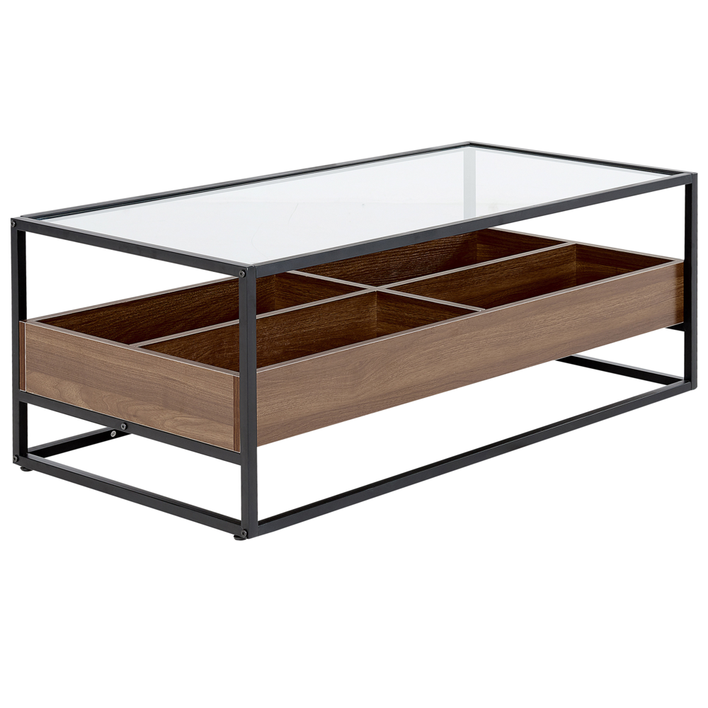 Tavolino in Legno Scuro con Piano in Vetro Nero Struttura in Metallo Funzione Contenitiva Rettangolare Design Moderno