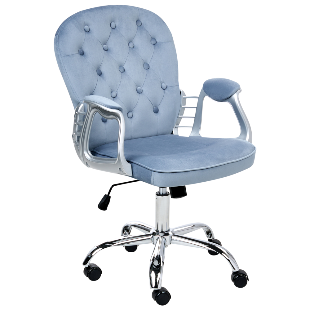 Sedia da ufficio in velluto azzurro con altezza regolabile e schienale trapuntato stile retrò moderno