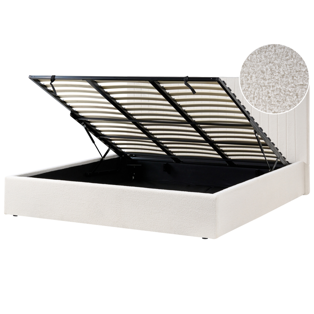 Letto matrimoniale Rivestimento bouclé bianco sporco 180 x 200 cm Testiera trapuntata Funzione contenitore