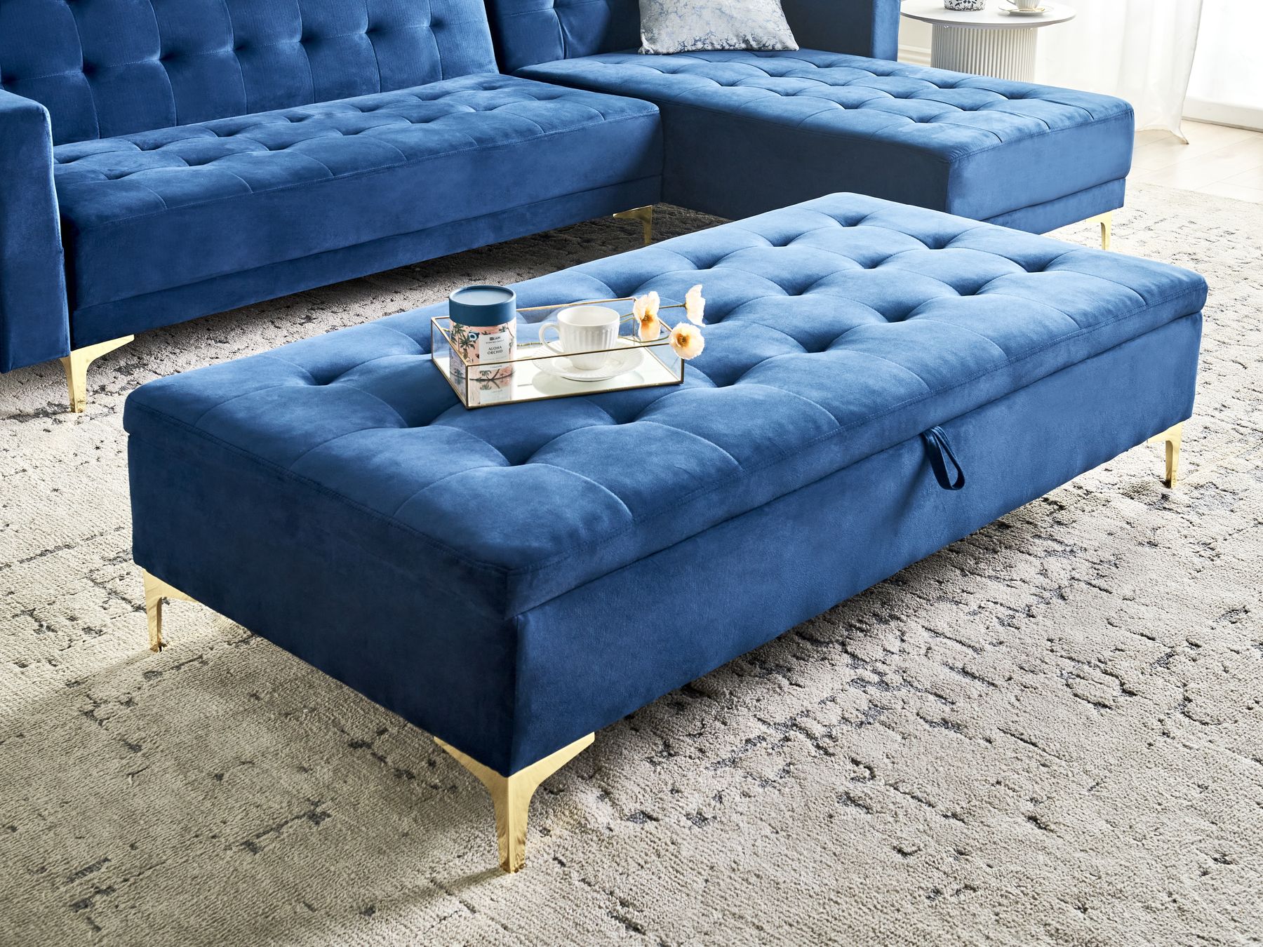 Poggiapiedi rettangolare con contenitore in velluto azzurro