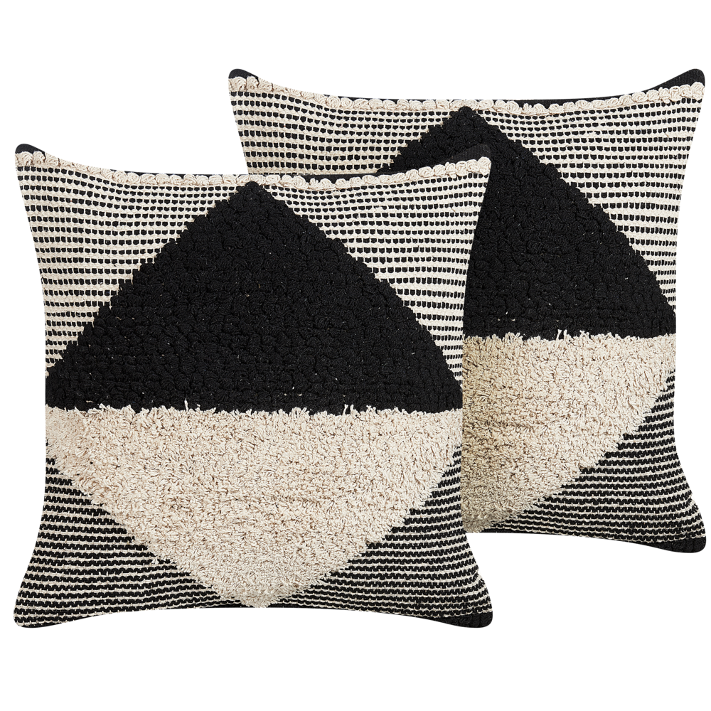 Image of Set di 2 cuscini decorativi in cotone beige e nero 50 x 50 cm motivo geometrico fatto a mano sfoderabile con imbottitura