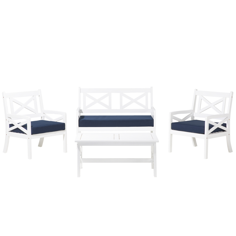 Set Divani Da Giardino In Legno Di Acacia Bianco Cuscini Blu 4 Posti Con Tavolo Set Conversazione All'aperto