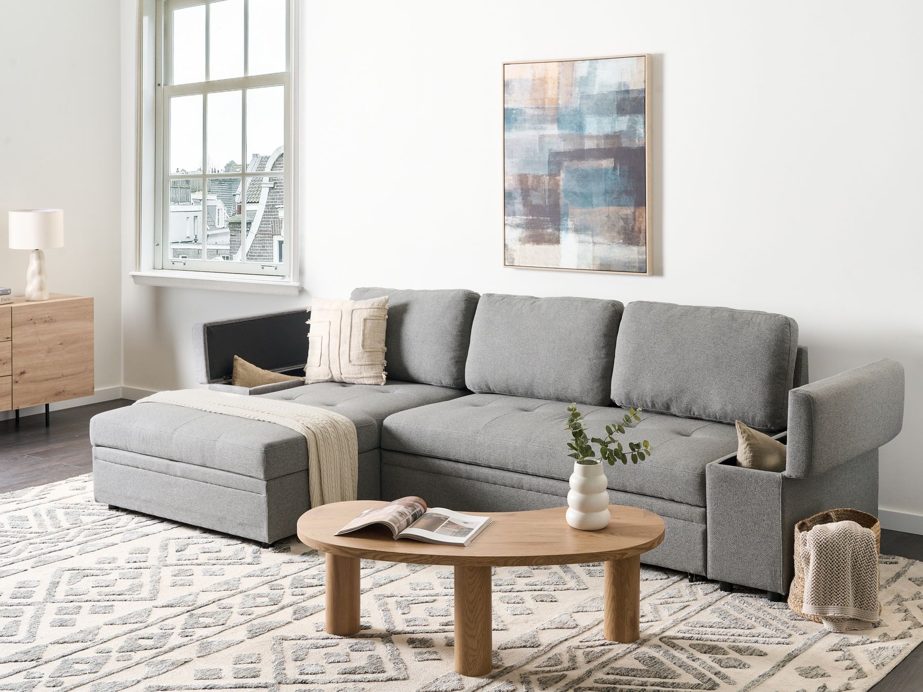 Divano letto angolare tessuto con contenitore grigio lato destro