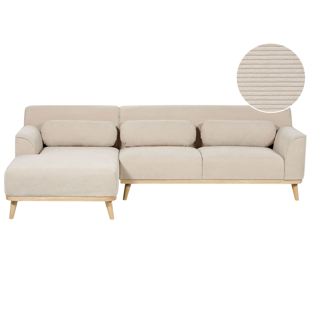 Divano angolare Beige velluto a coste con base in legno 3 posti a destra Divano retrò Soggiorno