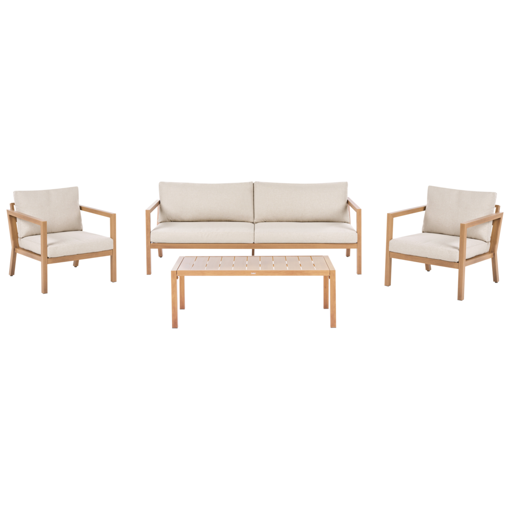 Set da giardino a 5 posti con struttura in metallo rivestimento in finto legno con tavolo e cuscini in tessuto marrone chiaro stile moderno