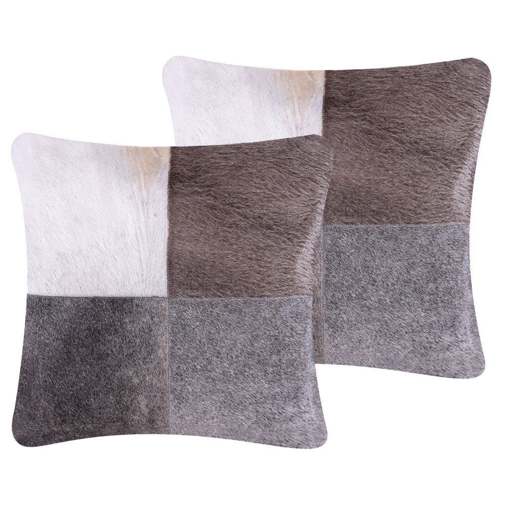 Image of Set di cuscini patchwork in vera pelle di mucca 45 x 45 cm grigio per interni