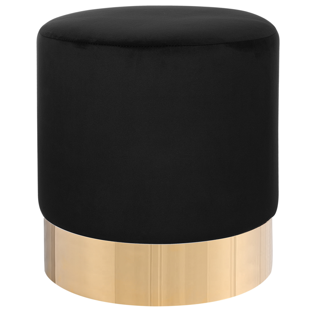 Image of Poggiapiedi rotondo in velluto Nero con pouf da toeletta Glam Sgabello con dorato