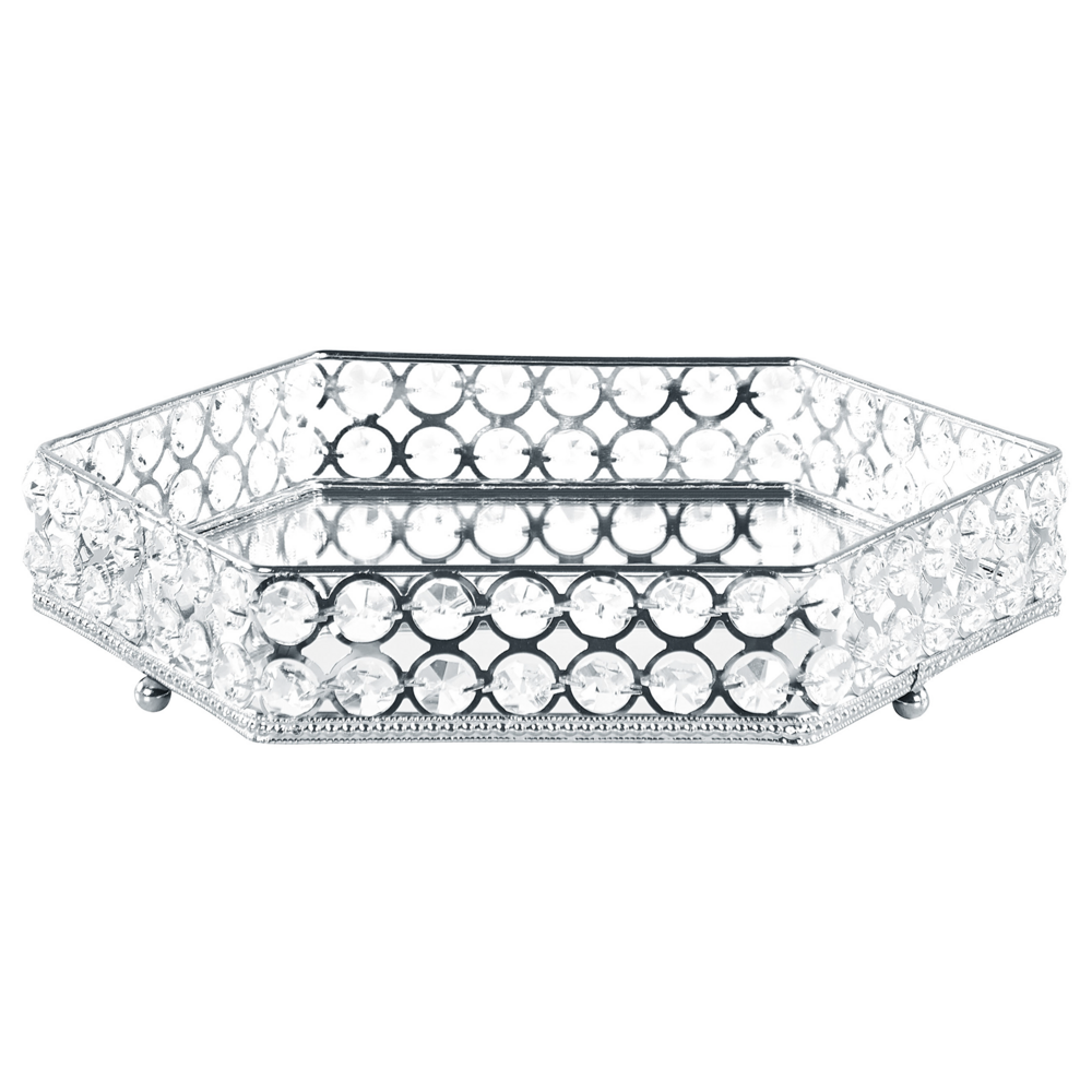 Image of Decorativo vassoio a specchio esagonale vetro metallo argento stile glamour elegante cucina soggiorno