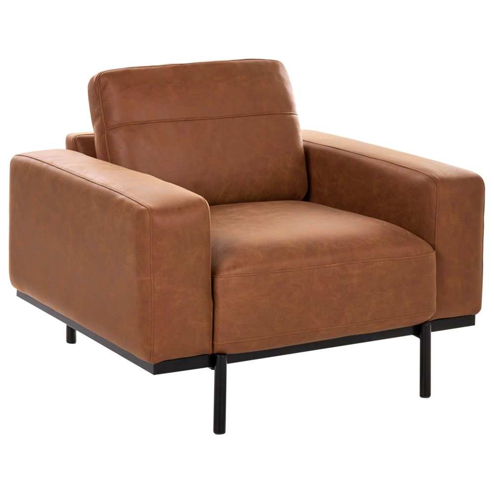 Poltrona moderna da salotto marrone a 1 posto imbottita in ecopelle con schienale rifinito e gambe in metallo per salotto classico moderno