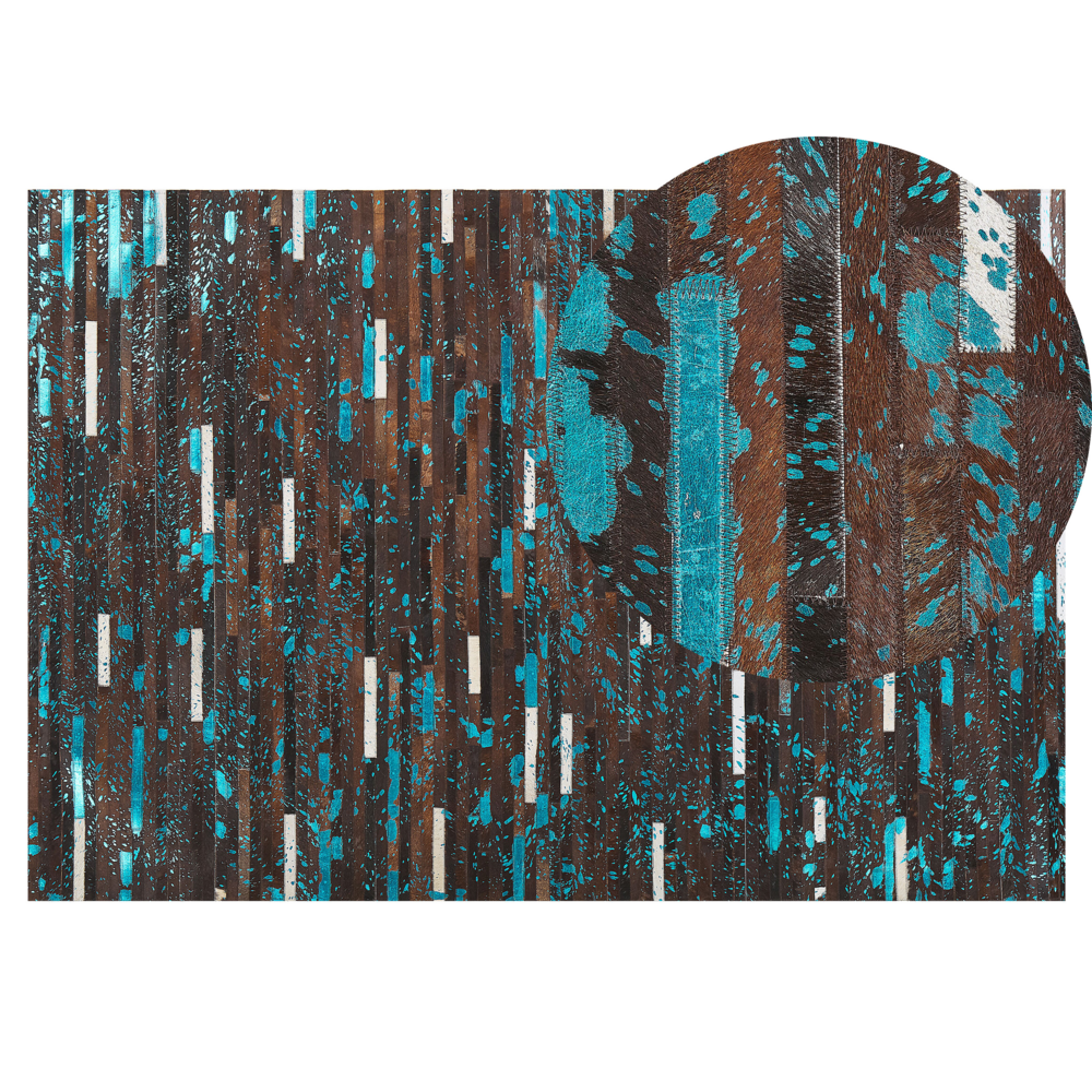 Image of Tappeto tappetino Pelle Bovina Marrone e Blu 140 x 200 cm Superficie a Righe Patchwork