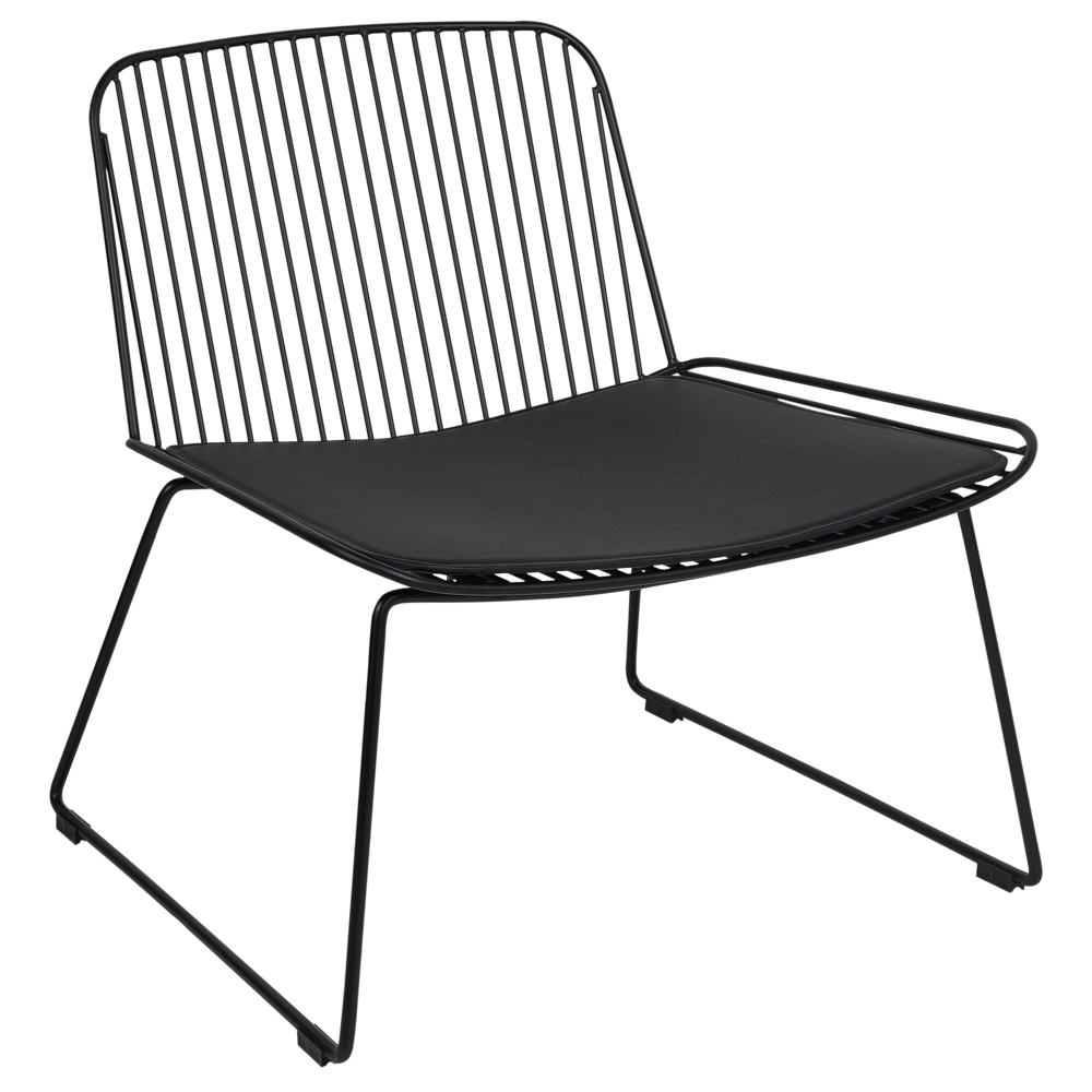 Sedia d'accento in metallo nero con design a filo senza braccioli in ecopelle nera con cuscinetto Glam Industrial Modern
