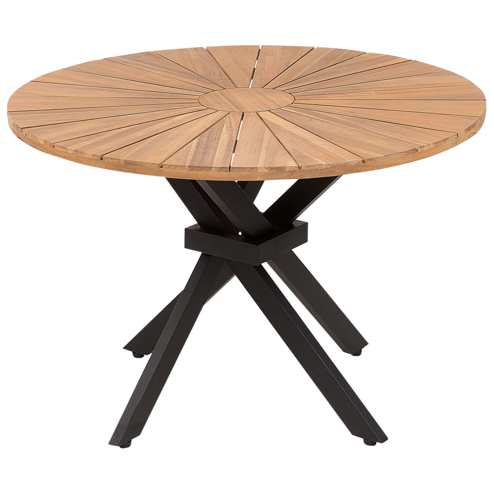 Tavolo da pranzo da giardino in legno chiaro di acacia piano rotondo 110 cm design a doghe per interni esterni