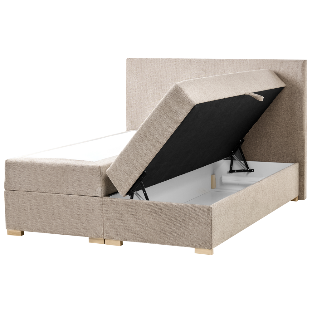 Letto matrimoniale con contenitore sollevabile in tessuto tortora 140 x 200 cm con testiera stile moderno