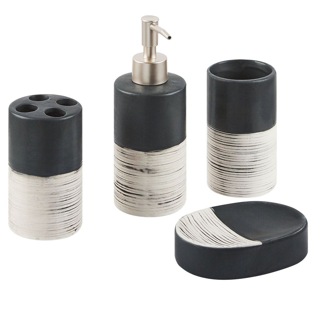 Image of Set di 4 Accessori Bagno in Ceramica nera e beige dispenser sapone porta sapone portaspazzolini bicchiere