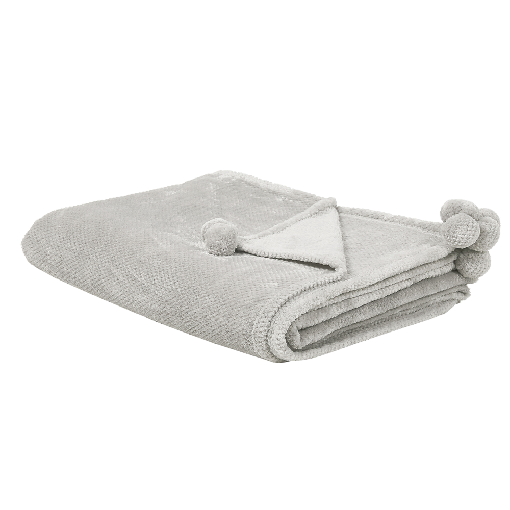Image of Coperta grigio chiaro copriletto 150 x 200 con pon pon morbido copriletto