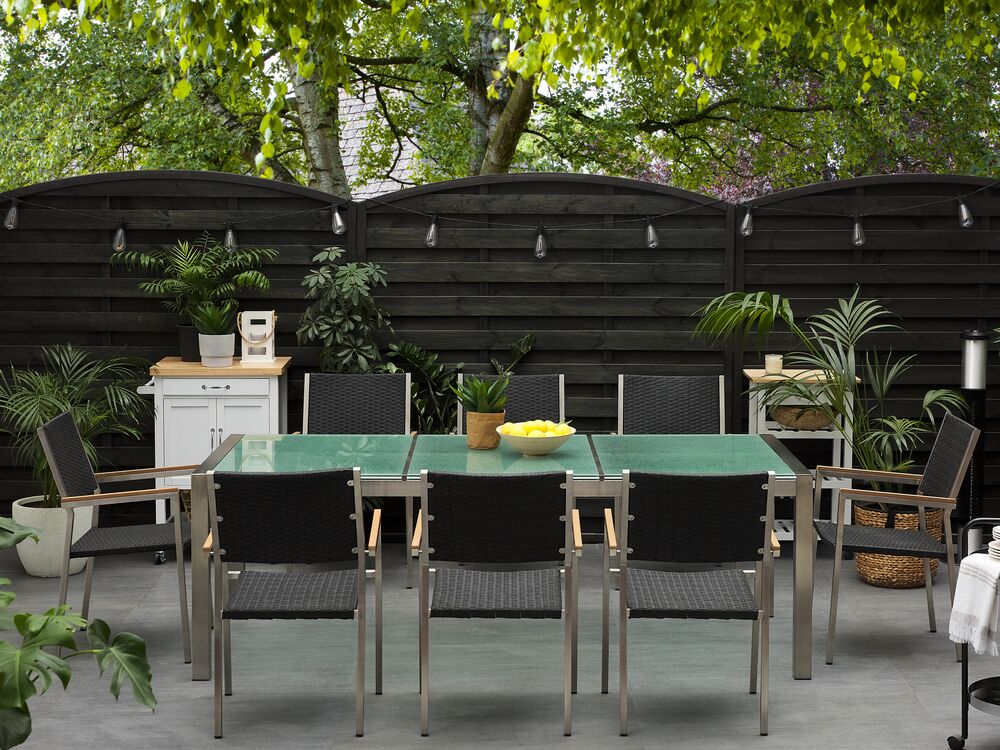 Set Da Pranzo Da Giardino Nero Con Piano In Vetro Incrinato Sedie In Rattan 8 Posti 220 X 100 Cm-image