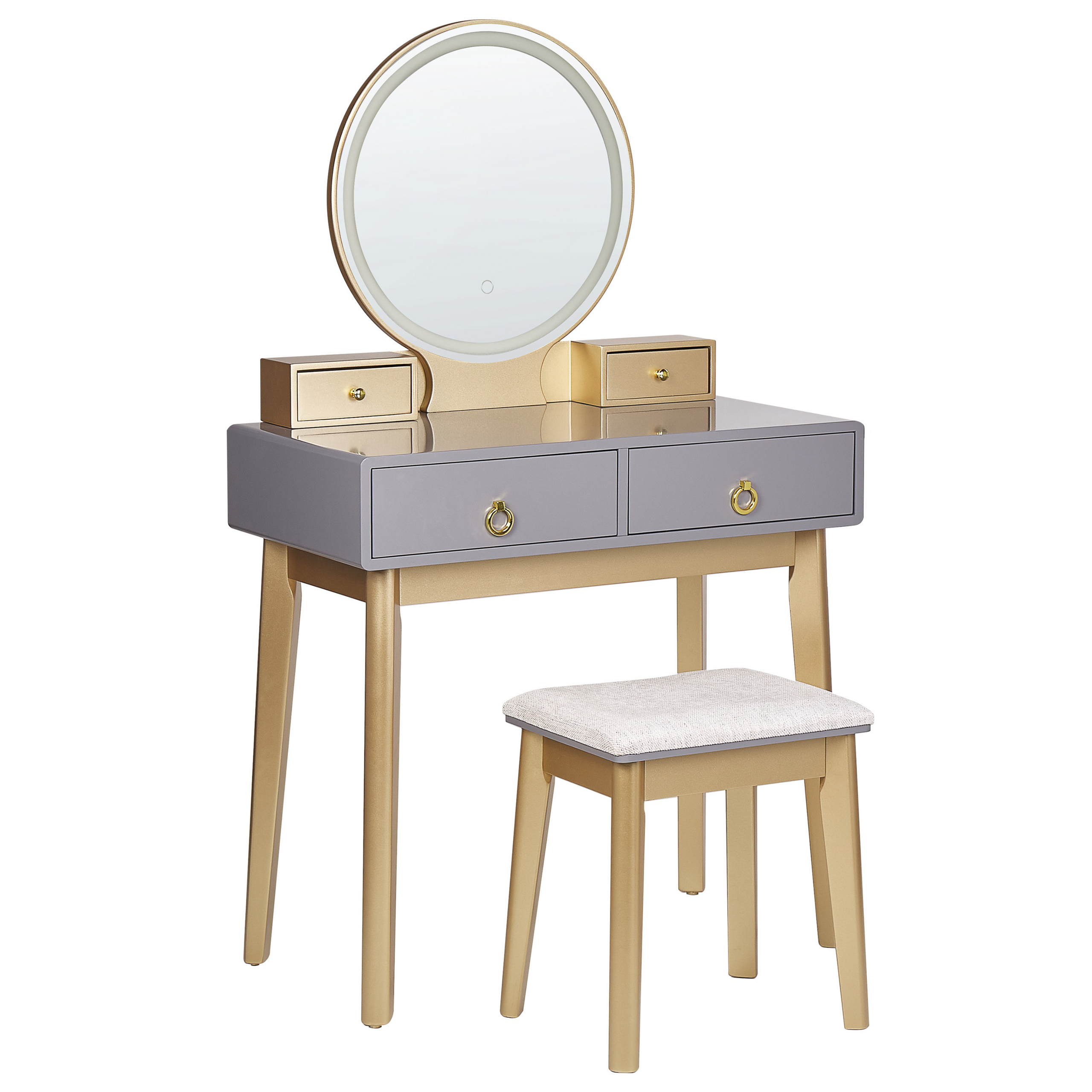 Kaptafel met LED spiegel en kruk grijs/goud FEDRY