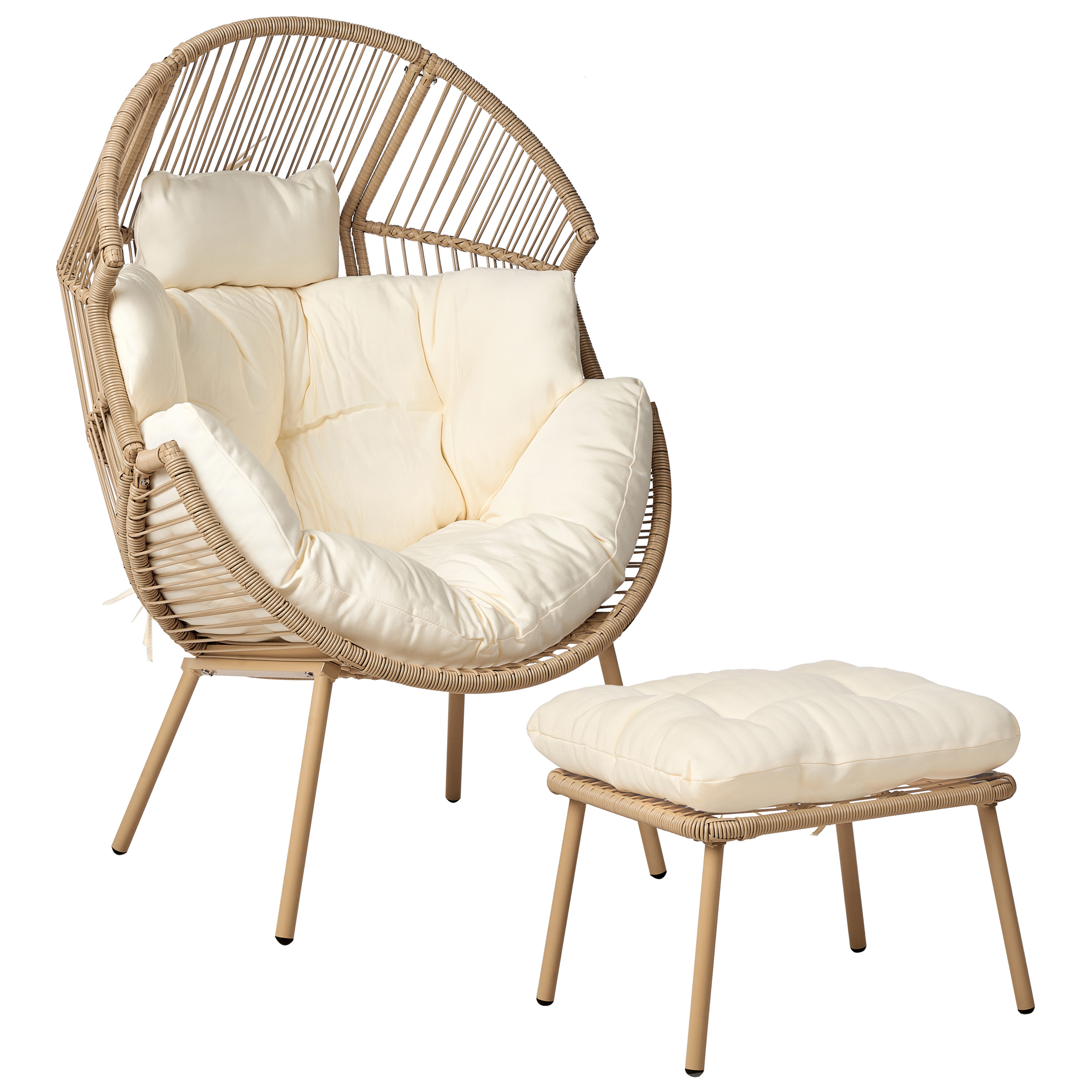 Beliani - Poltrona de jardim em rattan natural com apoio para os pés almofadas para as costas assento em algodão branco interior e exterior