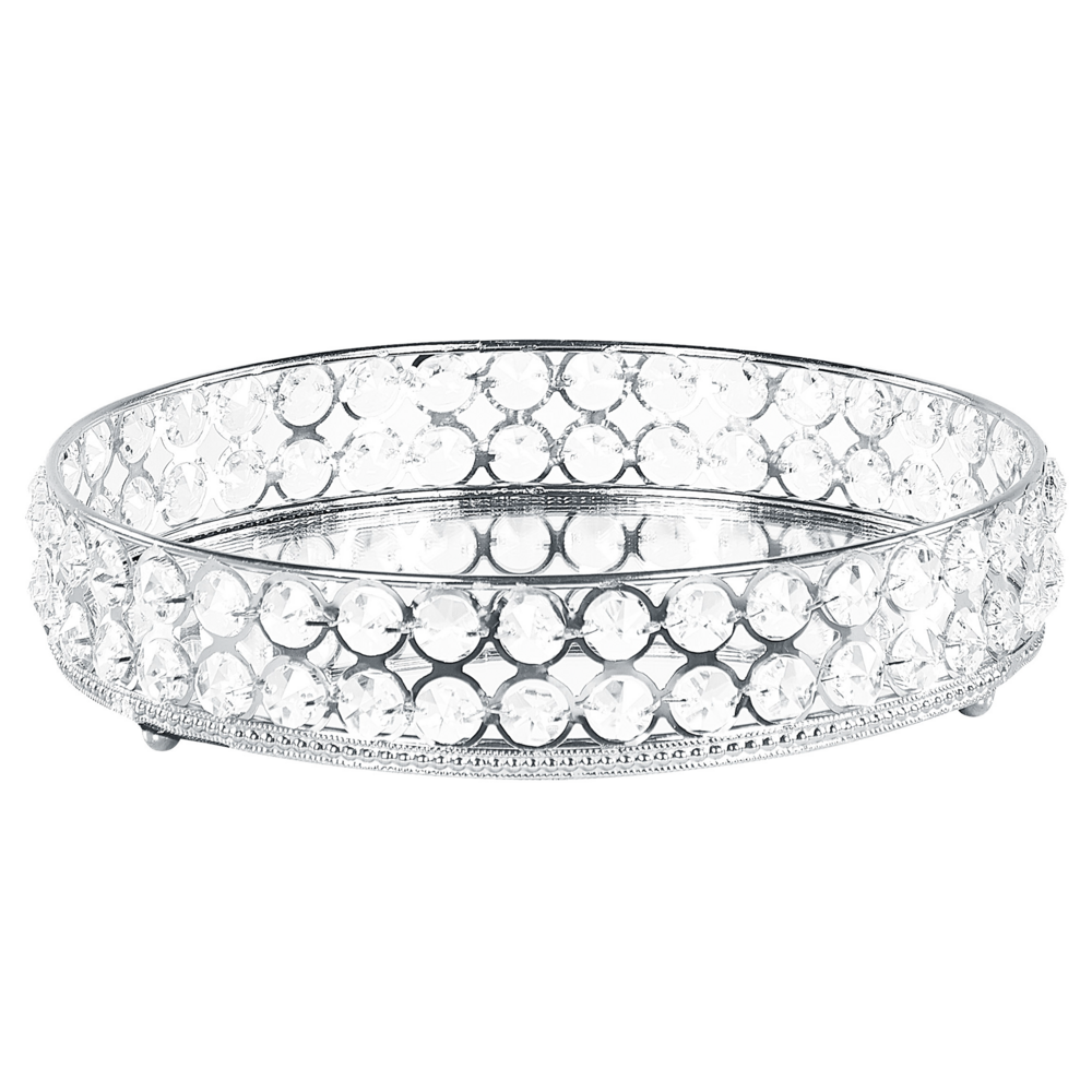 Image of Vassoio decorativo argentato in ferro e vetro specchiato rotondo con strass da tavolo con i glamour