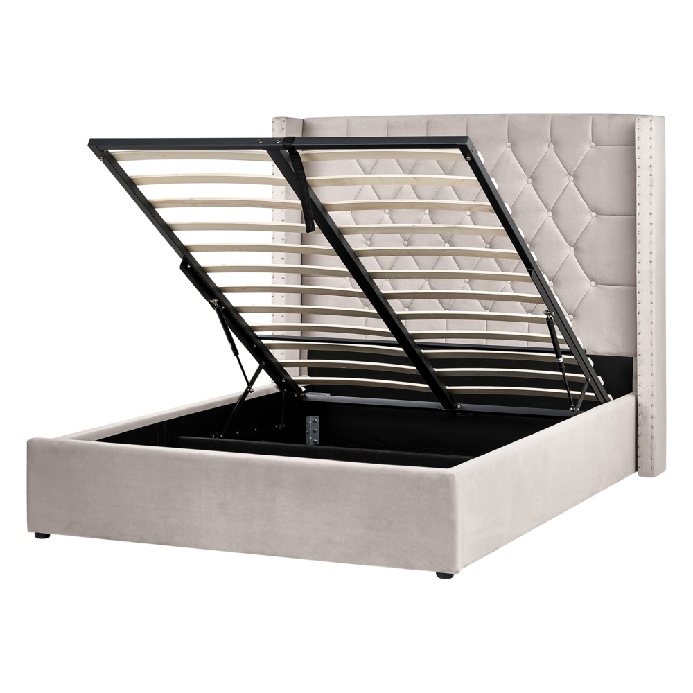 Letto imbottito in velluto tortora con contenitore 140 x 200 cm letto matrimoniale con testata alta