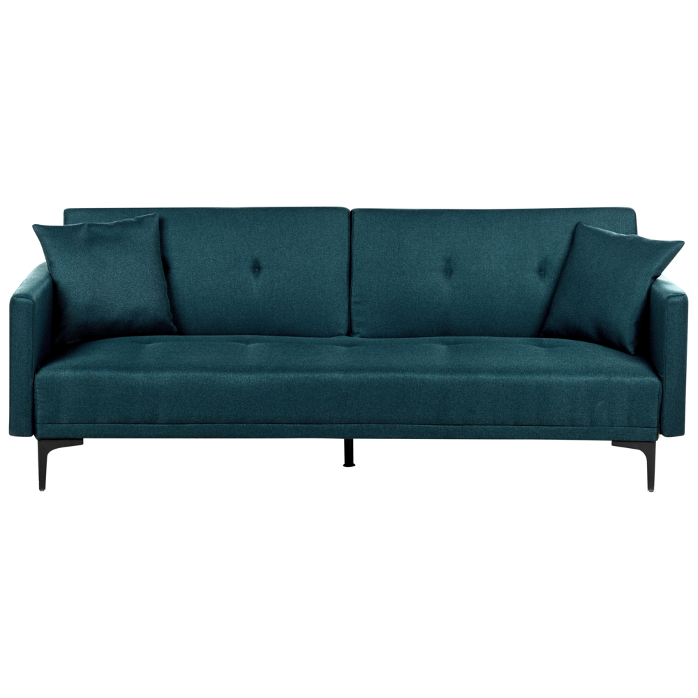 Image of Divano letto moderno in tessuto blu a 3 posti con schienale con bottoni gambe nero design moderno scandinavo